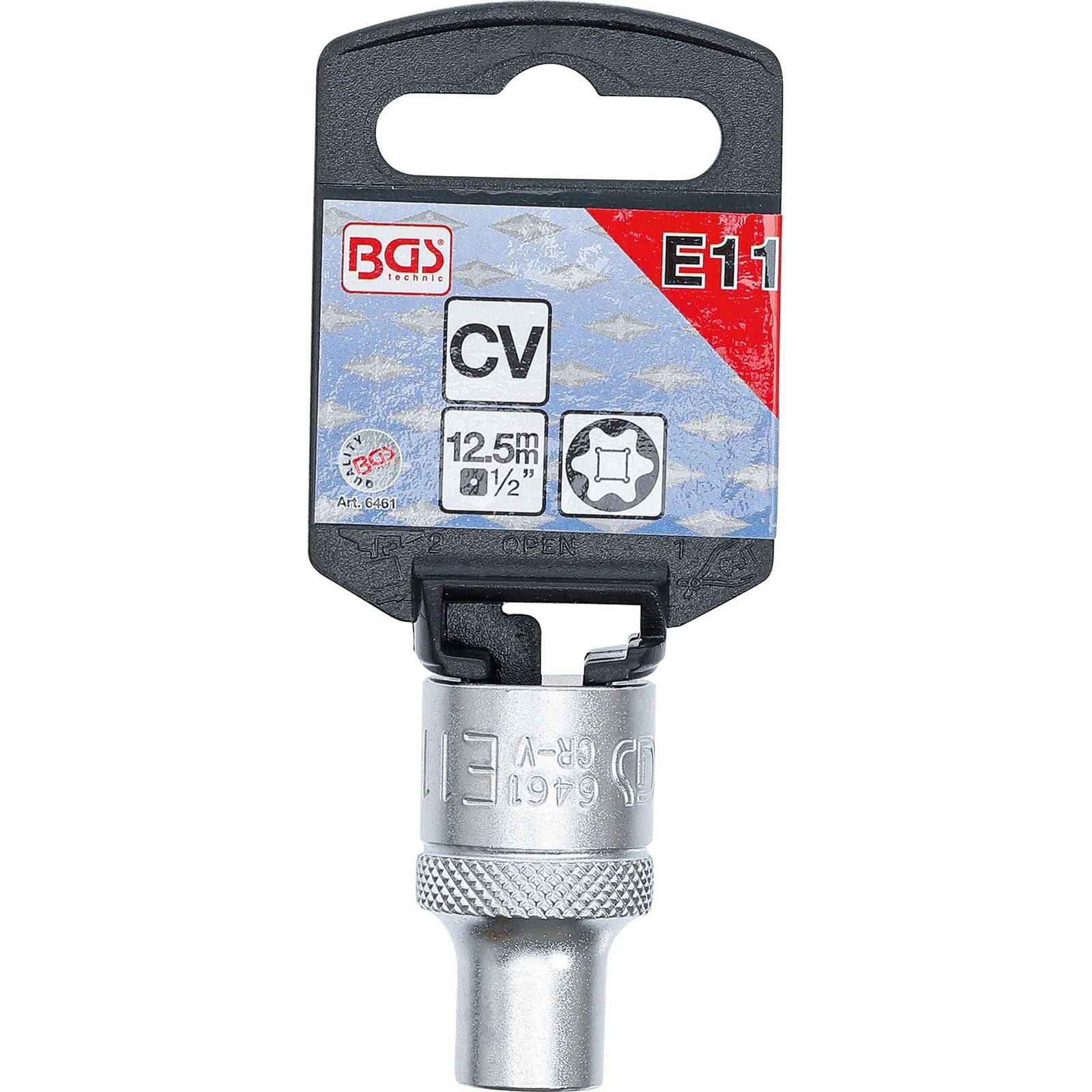 E11 CV 12,5 mm 1/2'' Steckschlüssel mit Etikett, das die Spezifikationen anzeigt; ausgestattet mit BGS-Branding und Beispielbildern zur Verwendung.