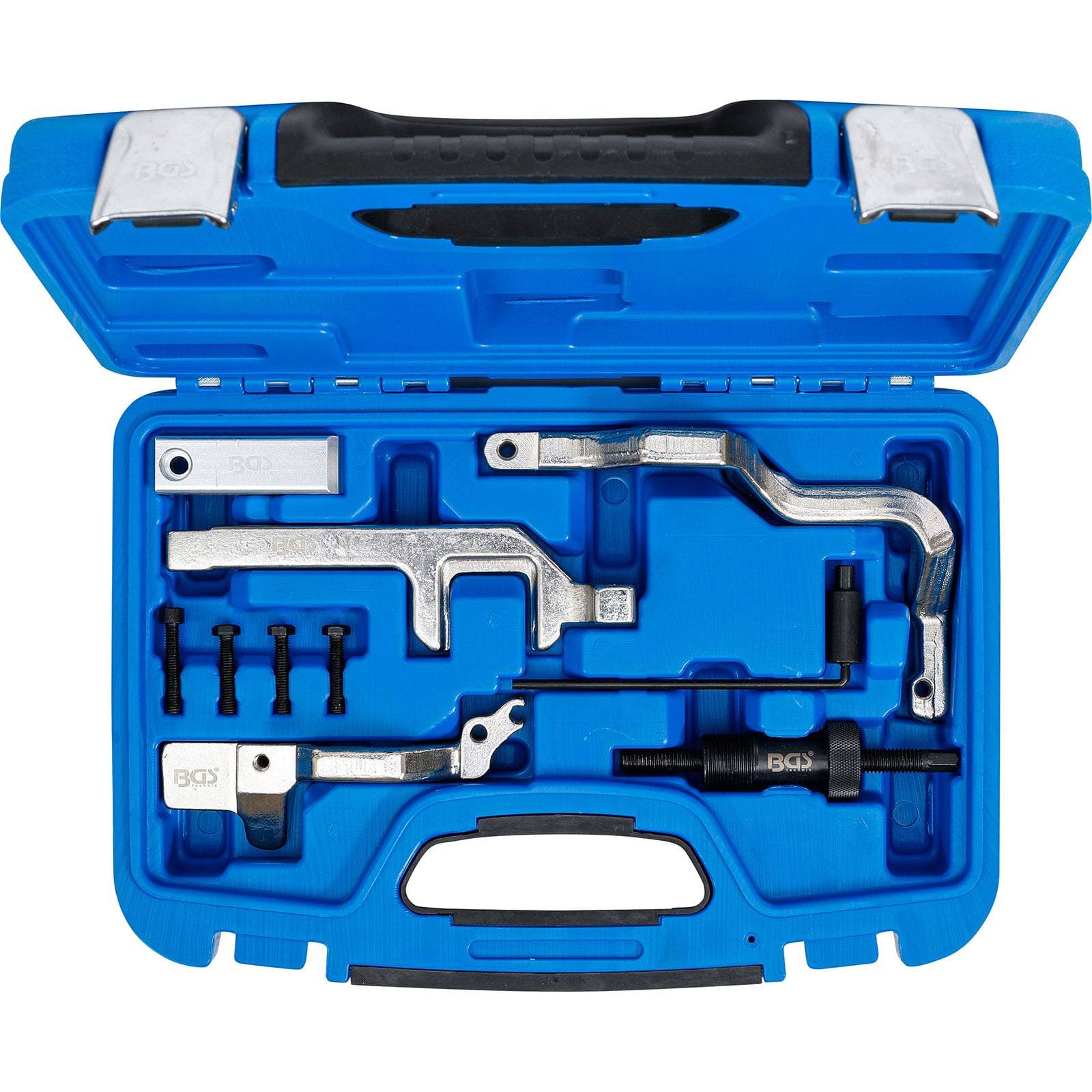 Ein blauer Werkzeugkasten mit verschiedenen silbernen Automobilzeitmesswerkzeugen, einschließlich Schraubenschlüsseln und Schrauben, organisiert in dafür vorgesehenen Fächern.