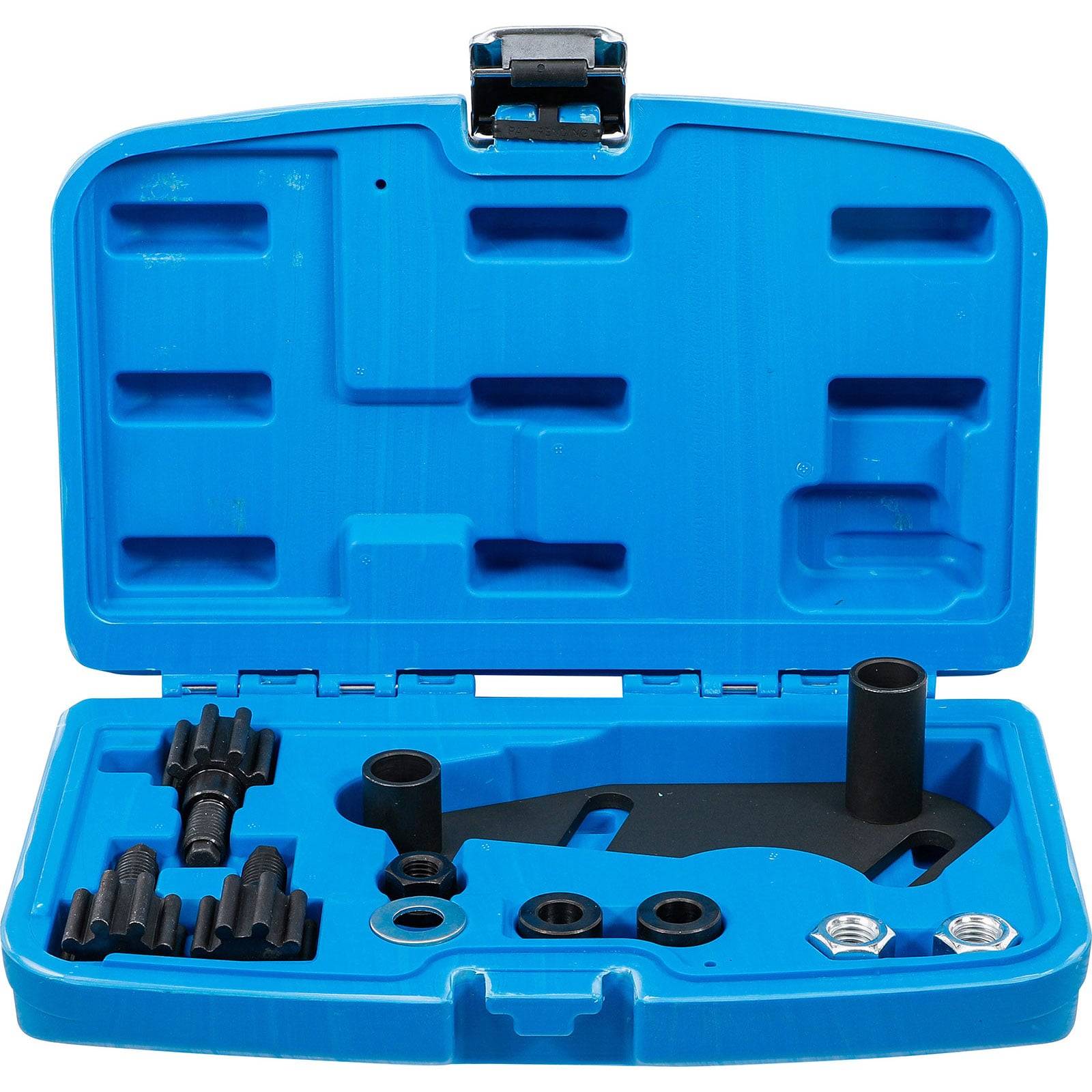 Eine blaue Plastikwerkzeugkiste mit verschiedenen Zahnrädern und metallischen Komponenten, die im Inneren organisiert und geöffnet einsatzbereit ist.