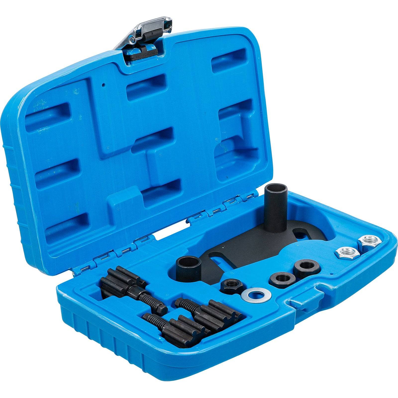 Eine blaue Plastikbox, die verschiedene Werkzeuge zum Abnehmen und Installieren von Automotive-Riemenscheiben enthält, einschließlich Schrauben, Muttern und einer zentralen Abziehvorrichtung.