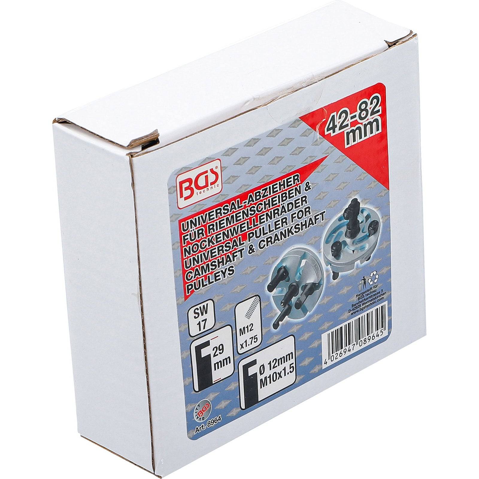 Universeller Abzieher für Nockenwellen- und Kurbelwellenriemenscheiben, Bereich 42-82 mm, SW17, M12 x1,75, F29 mm. Box mit Produktabbildung und Spezifikationen.