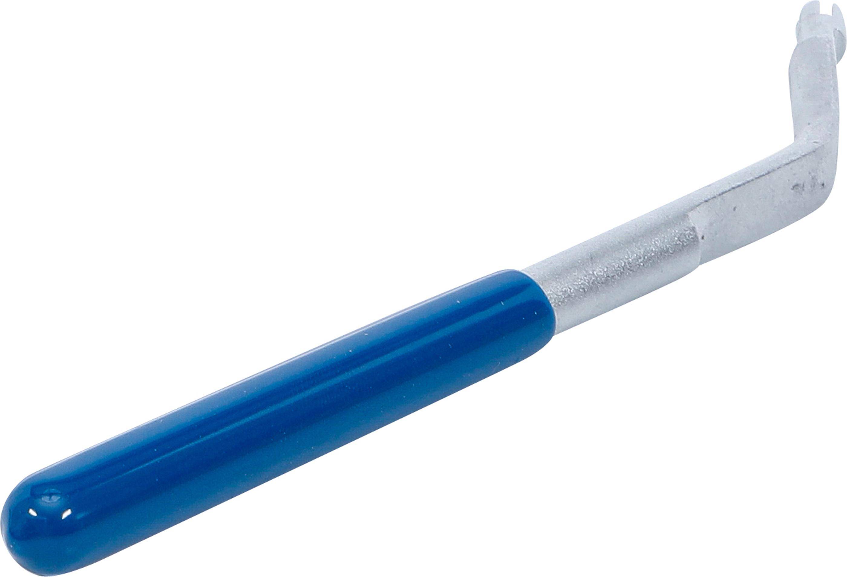 Ein Nahaufnahmebild des blauen Griffes und der silbernen Spitze eines metallischen Schraubenziehers.