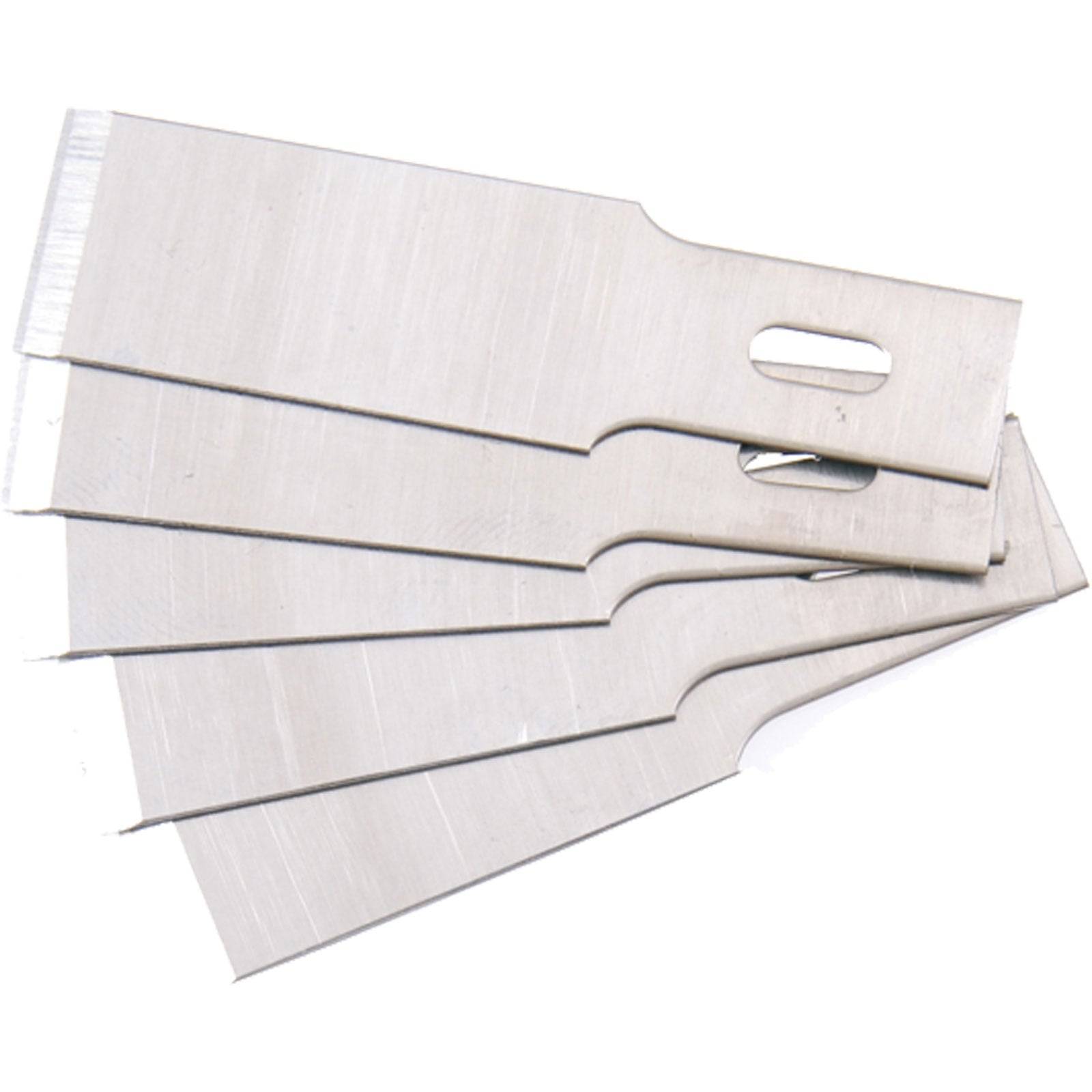 Fünf flache Utility-Klingen, auf weißem Hintergrund gefächert, zeigen scharfe Kanten und eignen sich für Schneidaufgaben.