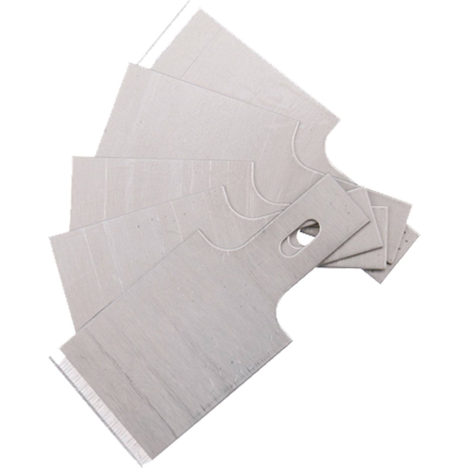 Mehrere sich überlappende graue Spachtelmesser oder Kratzer, fächerartig ausgebreitet.