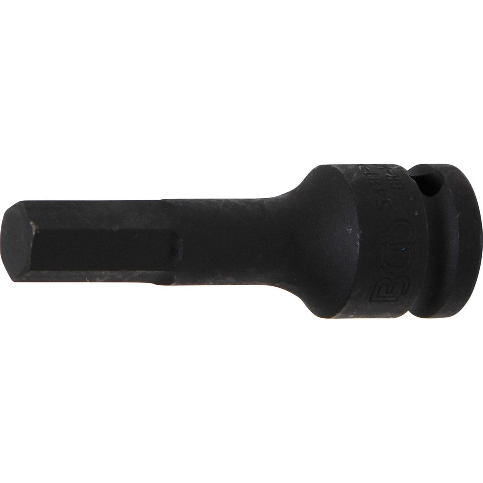 Ein schwarzer Schlagschrauber-Adapter mit Vierkantaufnahme und Sechskantende, der zum Anschluss von Steckschlüsseln an Schlagschrauber verwendet wird.