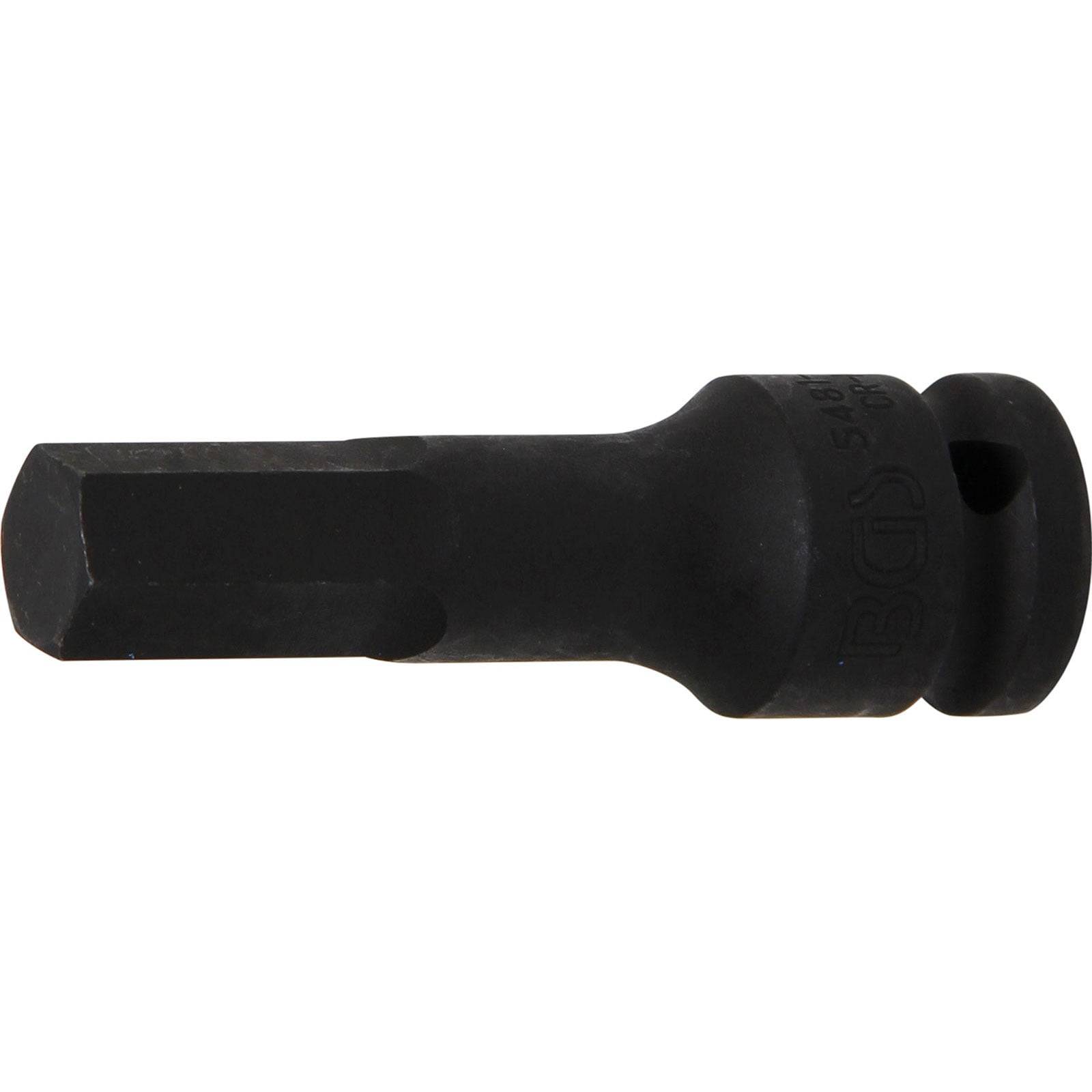 Eine schwarze Sechskant-Biteinsatz mit einem zylindrischen Körper und einer sechseckigen Spitze, die für den Einsatz mit einem Schraubendreher oder Schraubenschlüssel für Befestigungsaufgaben konzipiert ist.