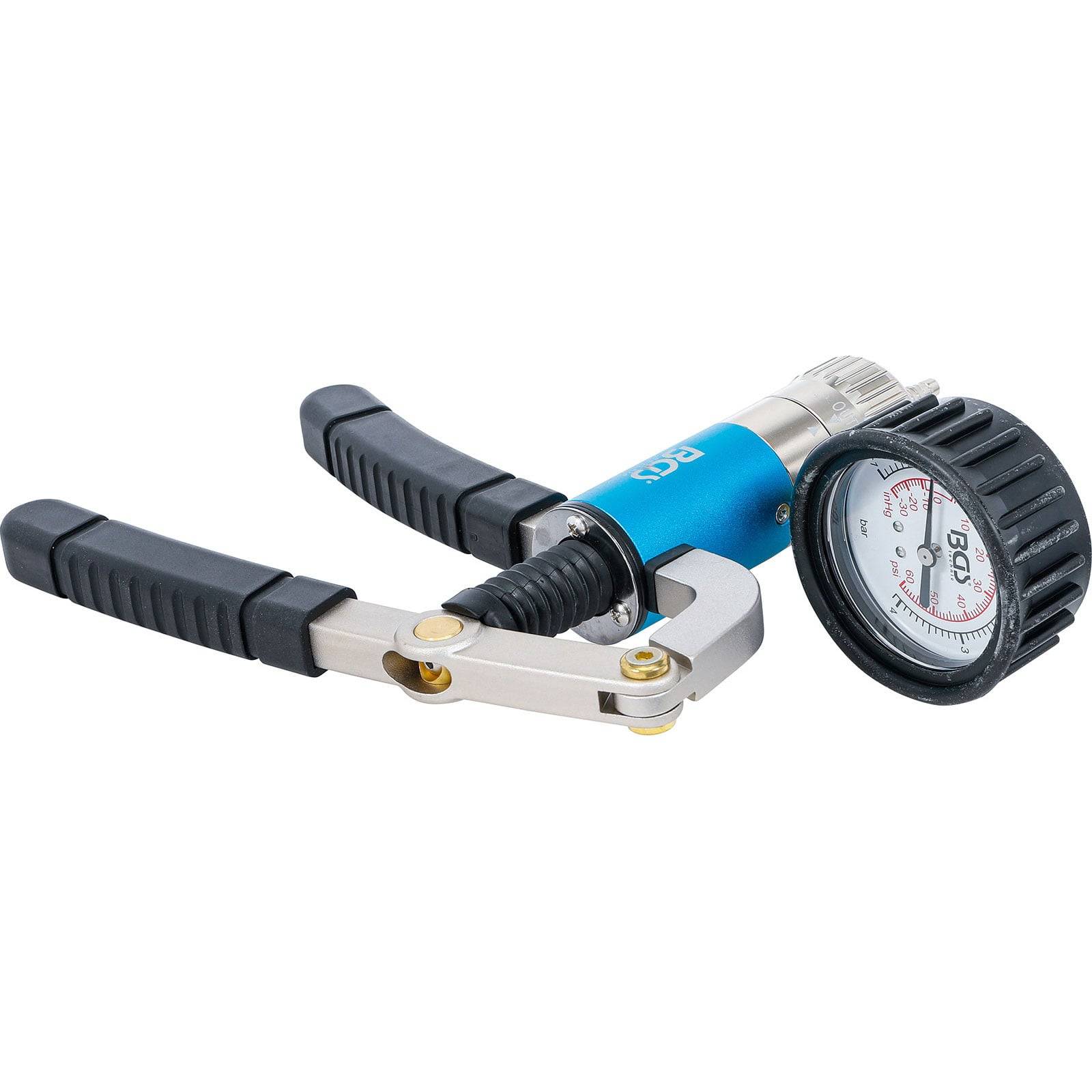 Ein tragbares Manometer mit einem blauen Griff und einem klaren Zifferblatt, das Messeinheiten anzeigt. Wird zum Testen und Überwachen von Druckwerten verwendet.