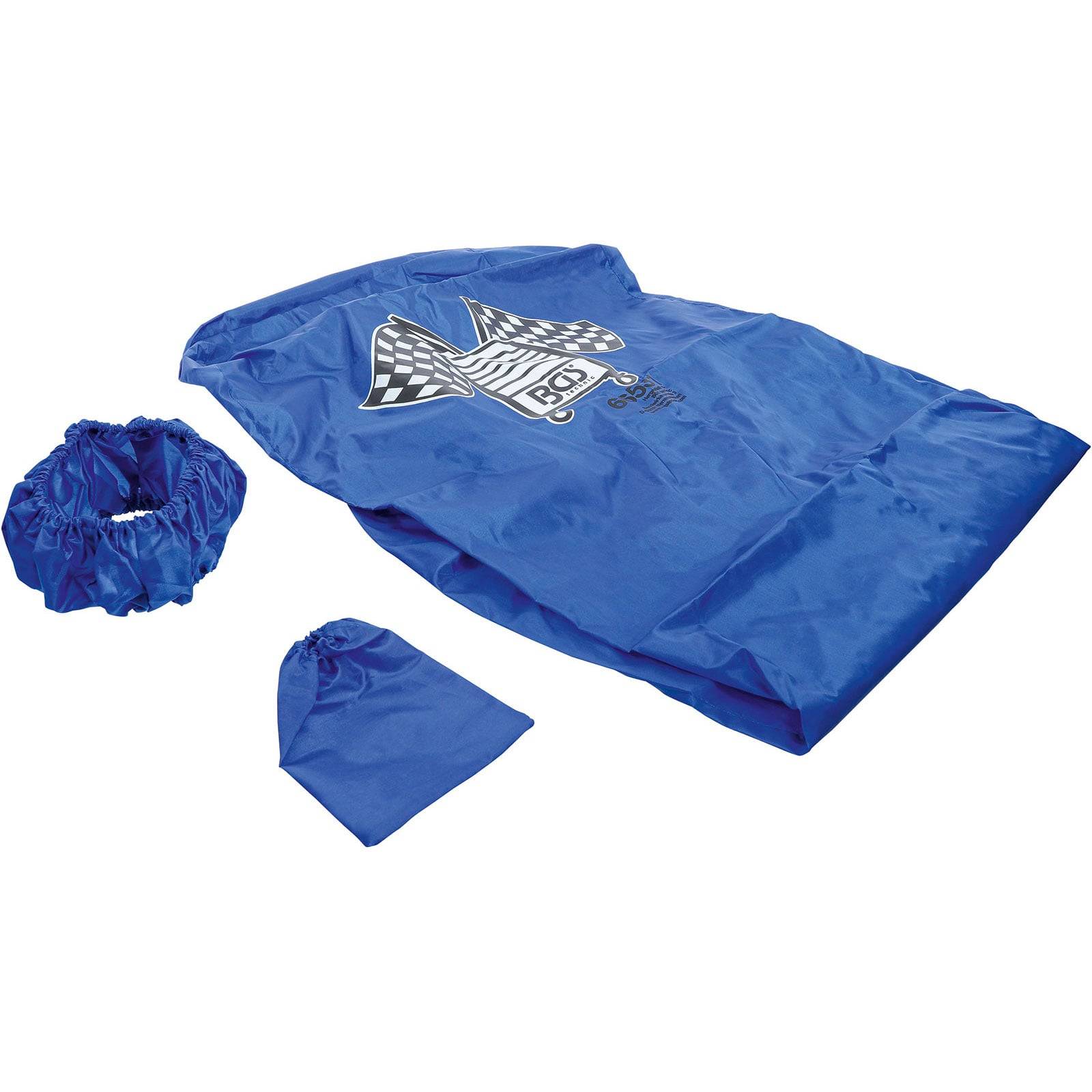 Blauer Schutzabdeckungssatz mit Rennwagen-Logo, enthält eine große Abdeckung, eine kleinere Abdeckung und eine elastische Bandabdeckung.