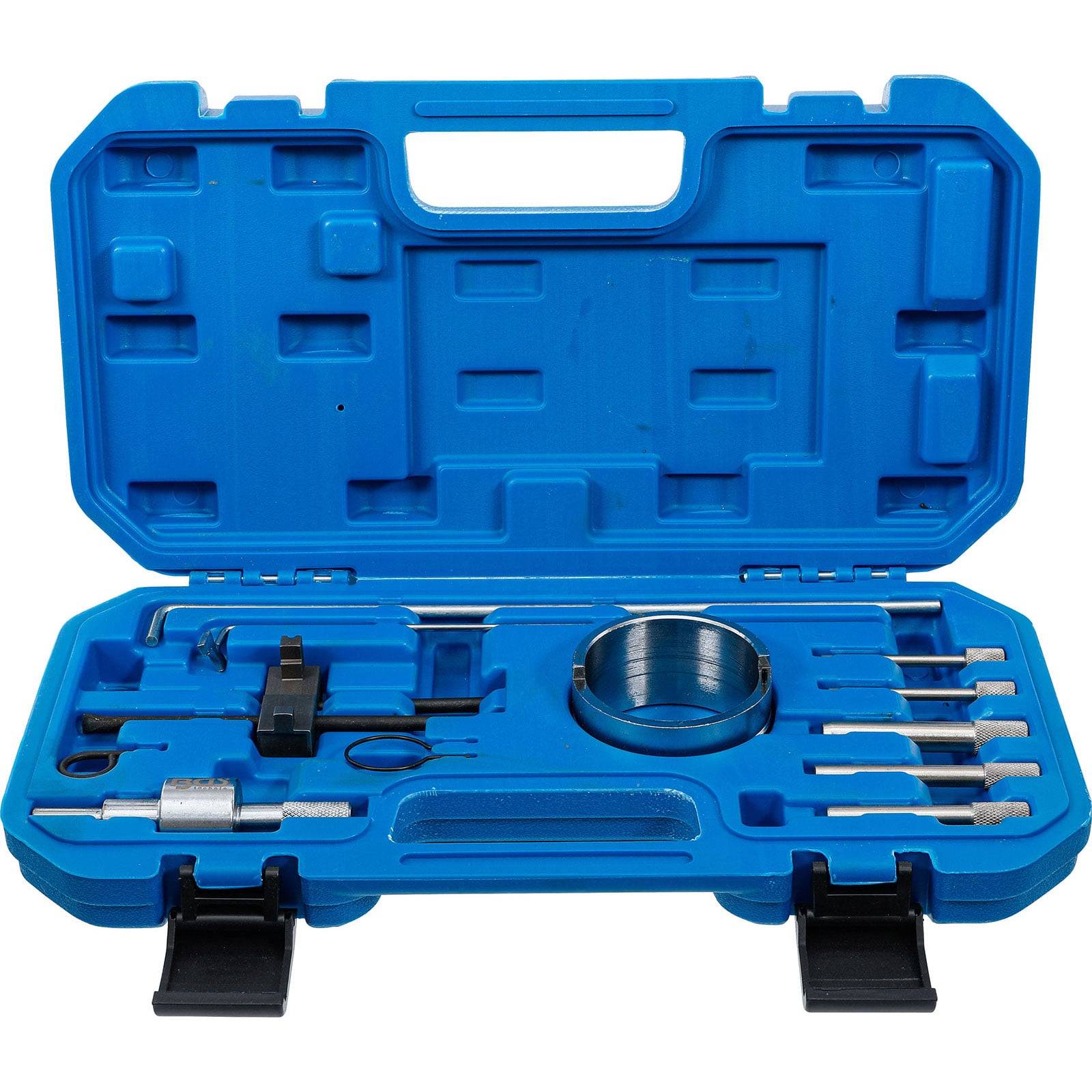 Eine blaue Kunststoff-Transportbox, die verschiedene Präzisionswerkzeuge und Komponenten enthält, die ordentlich in Schaumstoffaussparungen angeordnet sind und für spezialisierte mechanische Arbeiten konzipiert sind.
