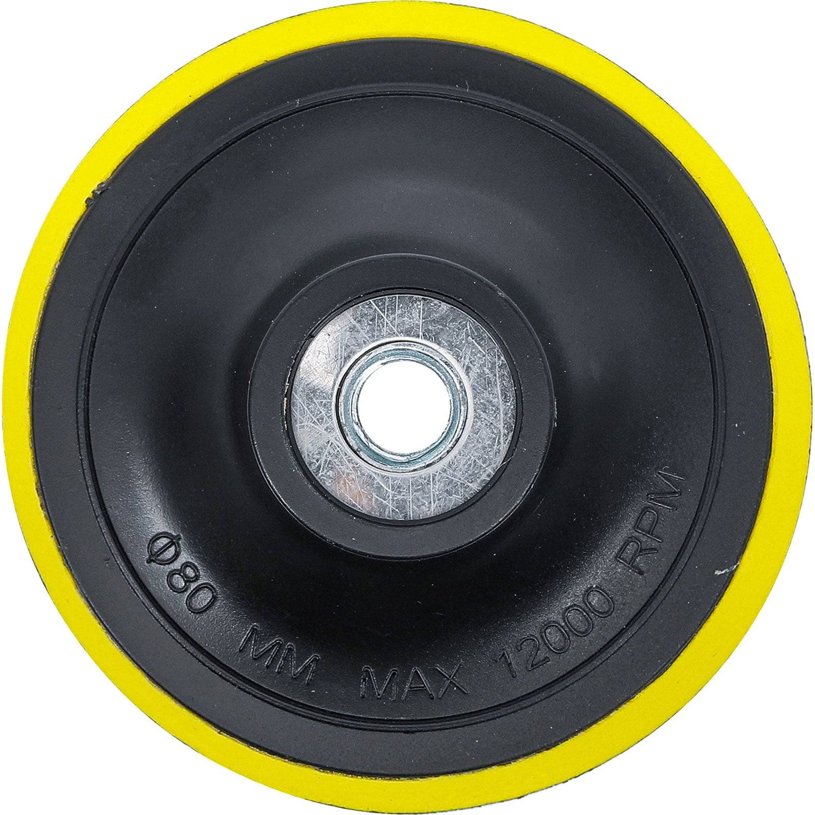 Ein gelb-schwarzer Schleifscheiben-Stützteller mit einer zentralen Metallbefestigungsstelle, beschriftet mit 'Ø80 MM MAX 12000 U/MIN'.
