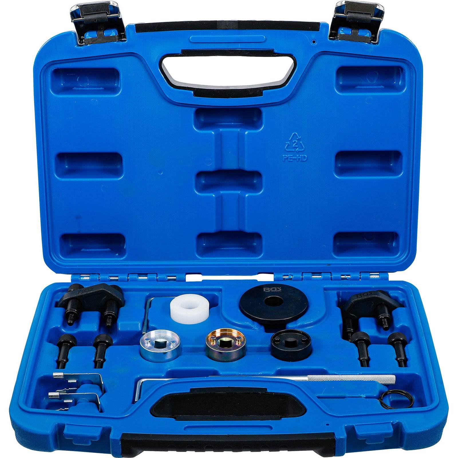 Eine blaue Plastikbox, die verschiedene Autoreparaturwerkzeuge enthält, darunter Abzieher und Adapter, sauber in geformten Einbuchtungen angeordnet.