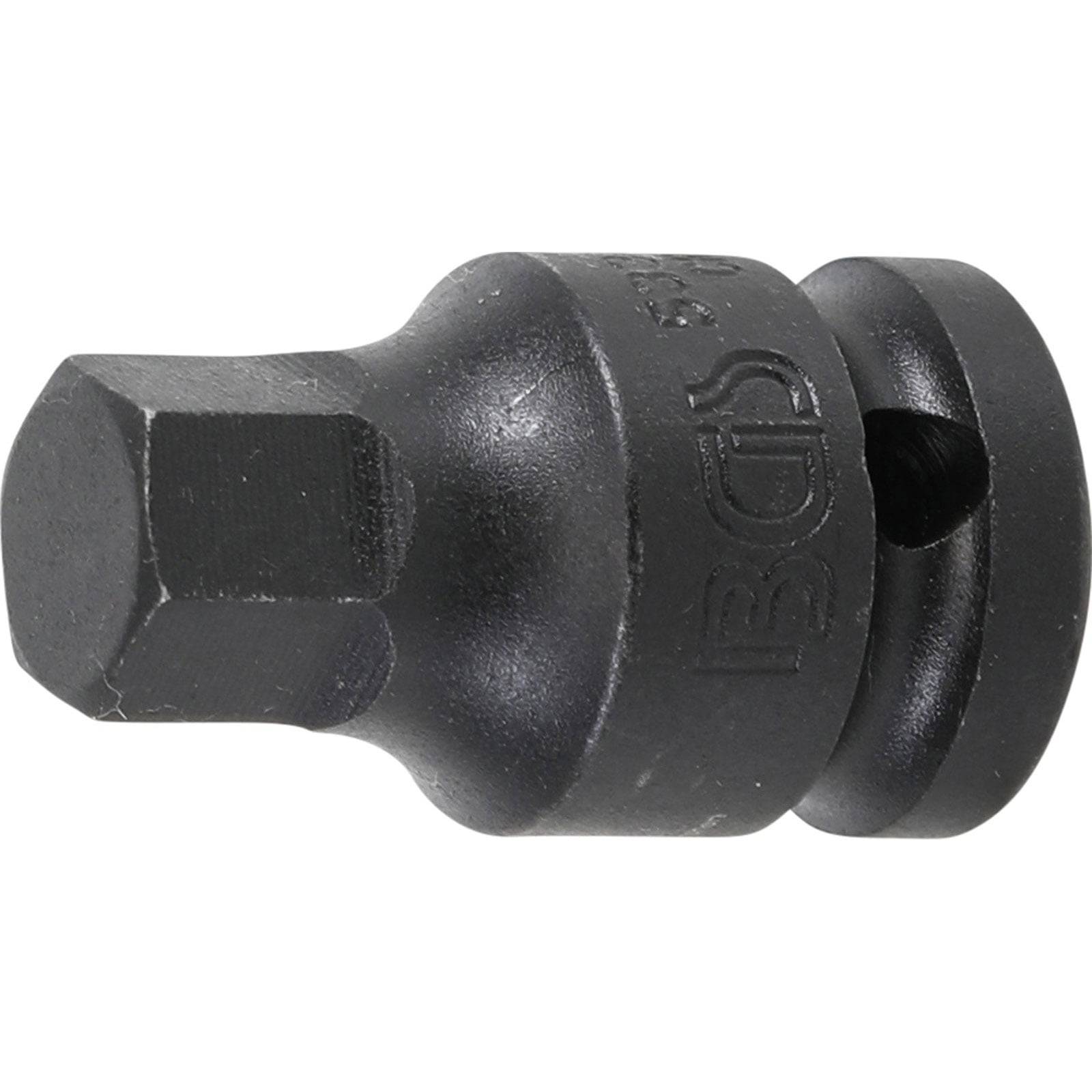 Ein schwarzer Schlagschrauber-Adapter mit einem sechskantigen Aufnahmeschaft an einem Ende und einem Vierkantantrieb am anderen Ende, konzipiert für den Einsatz mit Schlagschraubern.