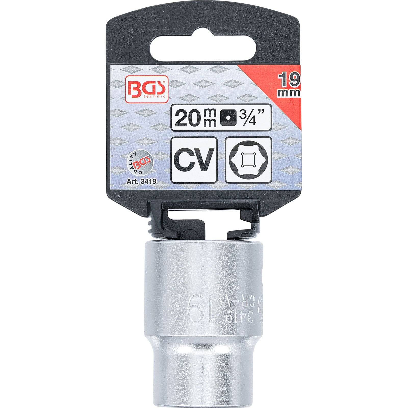 Ein 19-mm-Steckschlüssel mit einer Beschriftung, die die Abmessungen zeigt: 20 mm x 3/4