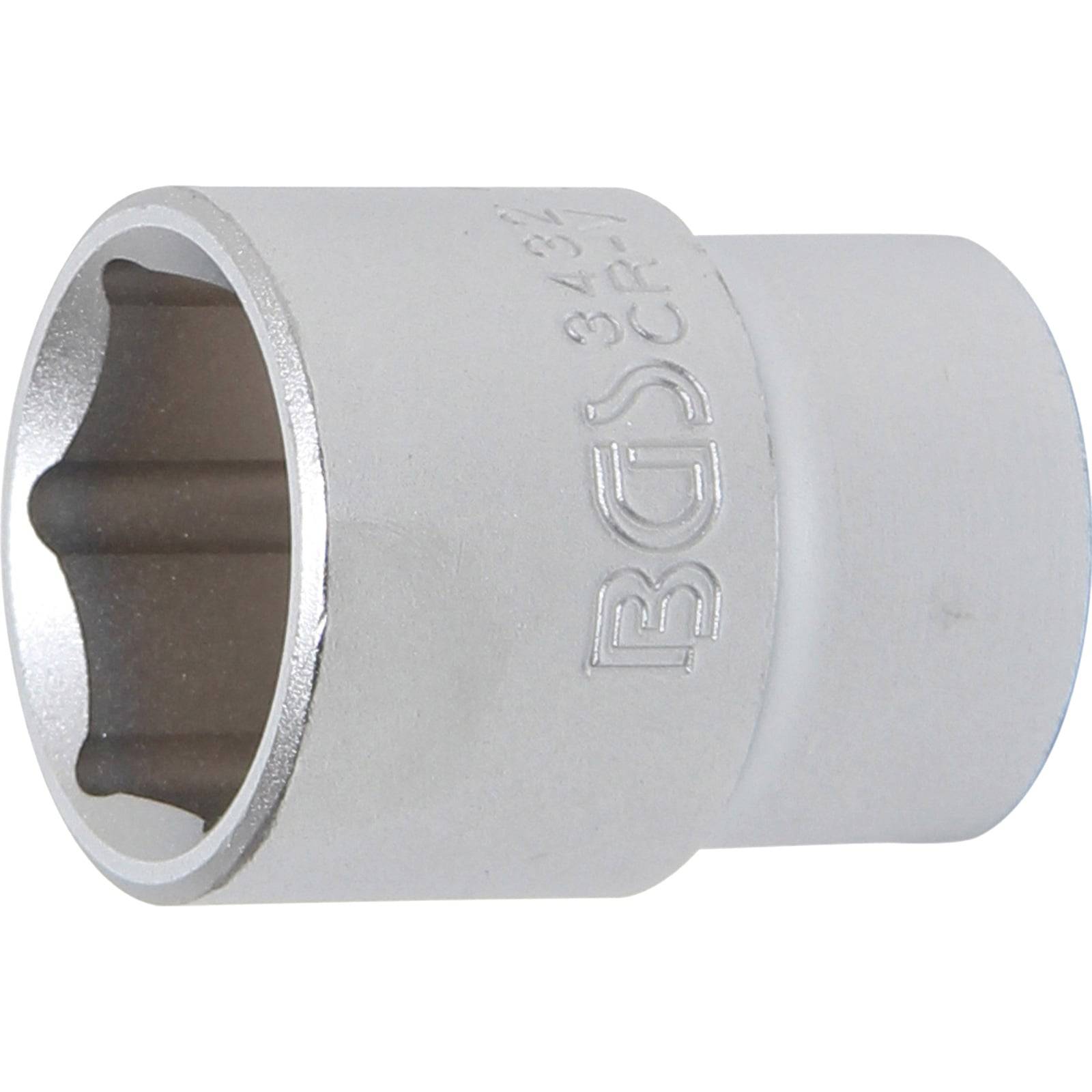 Ein BGS-Steckschlüssel mit sechseckiger Öffnung und weißer Beschichtung, der zum Anziehen oder Lösen von Muttern und Schrauben verwendet wird.