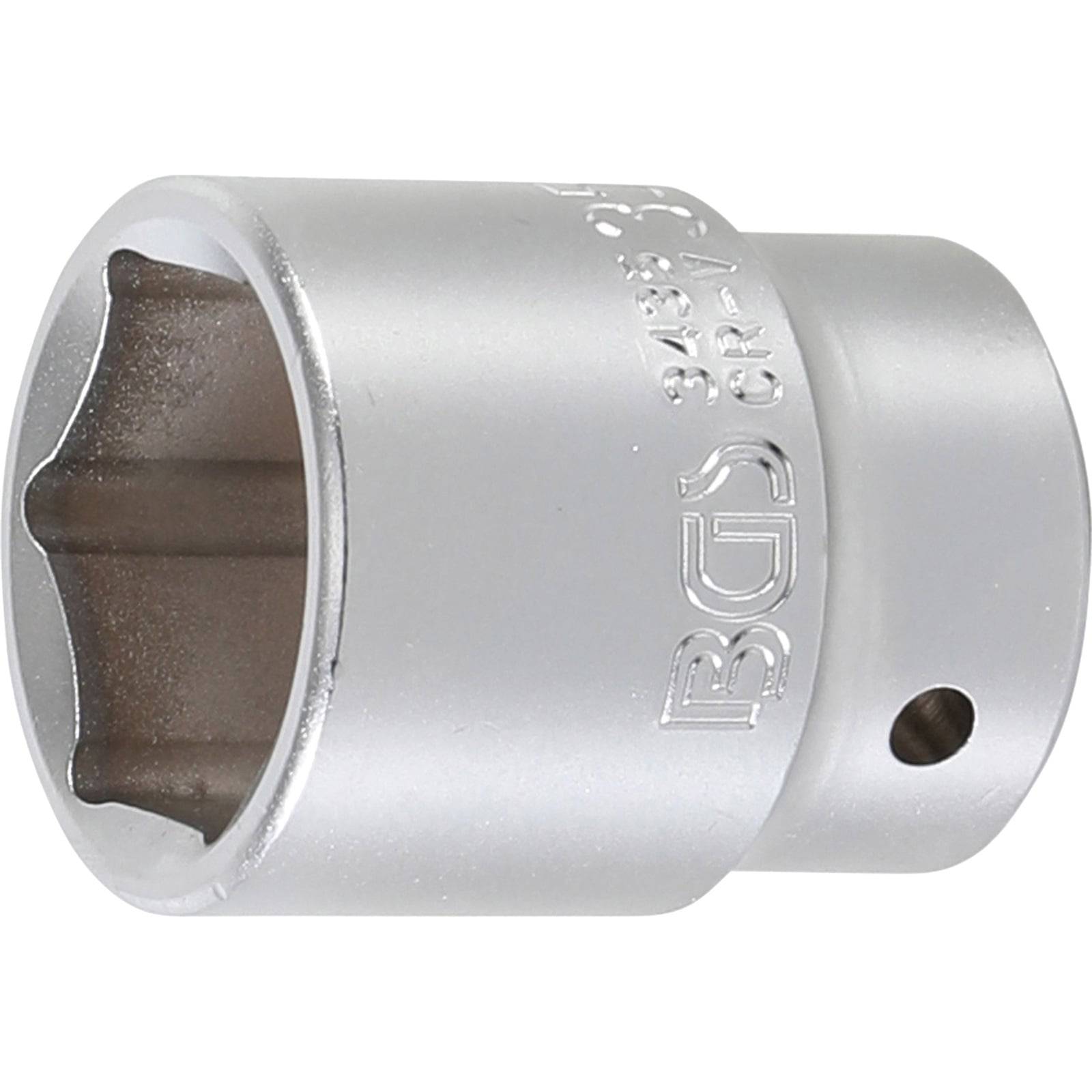 Ein silbernes Metallsteckschlüssel-Werkzeug mit gravierten Markierungen, entwickelt zum Anziehen oder Lösen von Muttern und Schrauben.