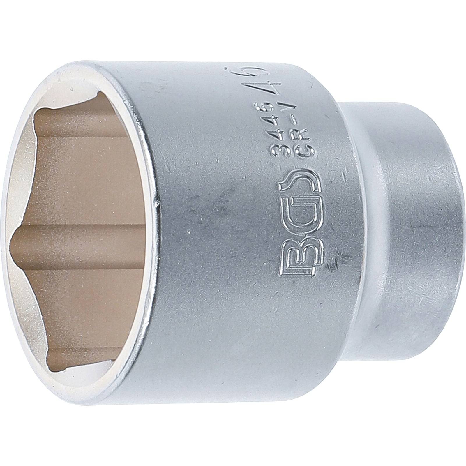 Ein metallischer Steckschlüsseleinsatz mit einer sechseckigen Öffnung, gekennzeichnet mit 'BGS 3449-16', verwendet zum Anziehen oder Lösen von Muttern und Schrauben.