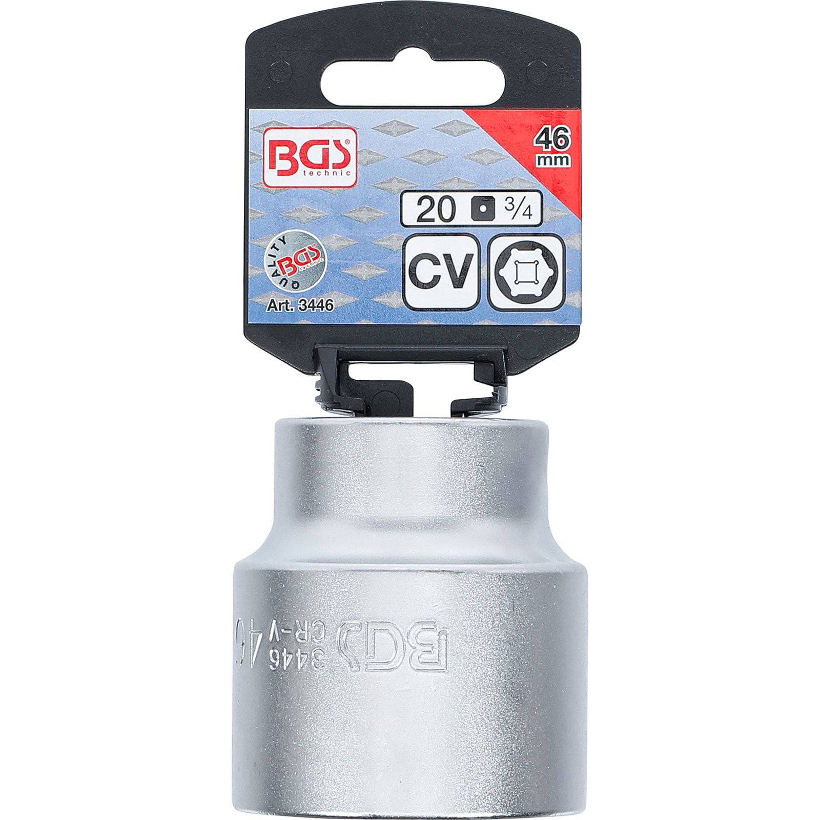 46-mm-Steckschlüssel, 3/4-Zoll-Antrieb, BGS-Marke, silberfarben. Teilenummer 3446. Geeignet für Mechaniker oder DIY-Projekte, die große Steckschlüssel erfordern.