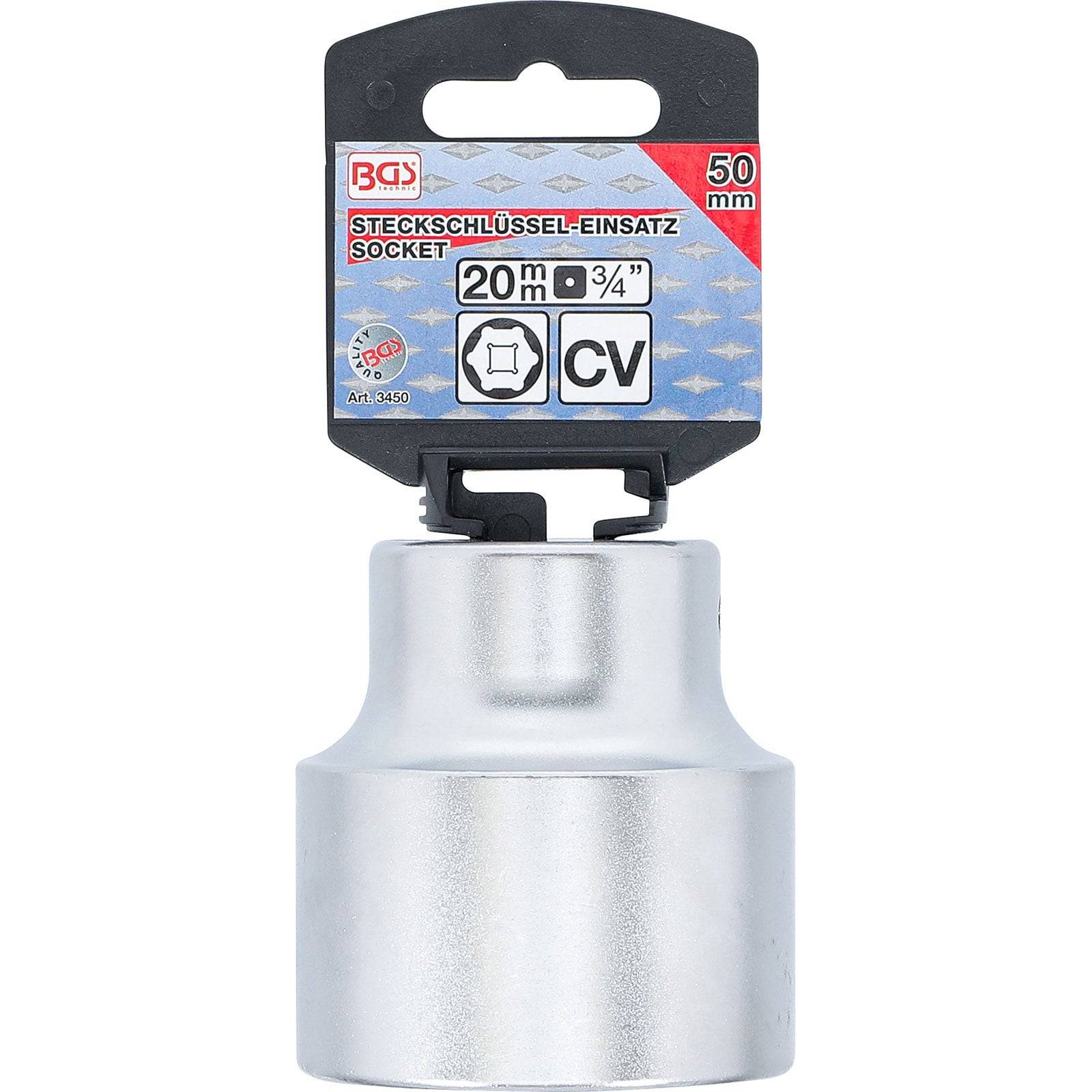 Stahl-Steckschlüssel-Werkzeug mit Beschriftung '50 mm', '20 mm', '3/4'' CV' mit Verpackung.