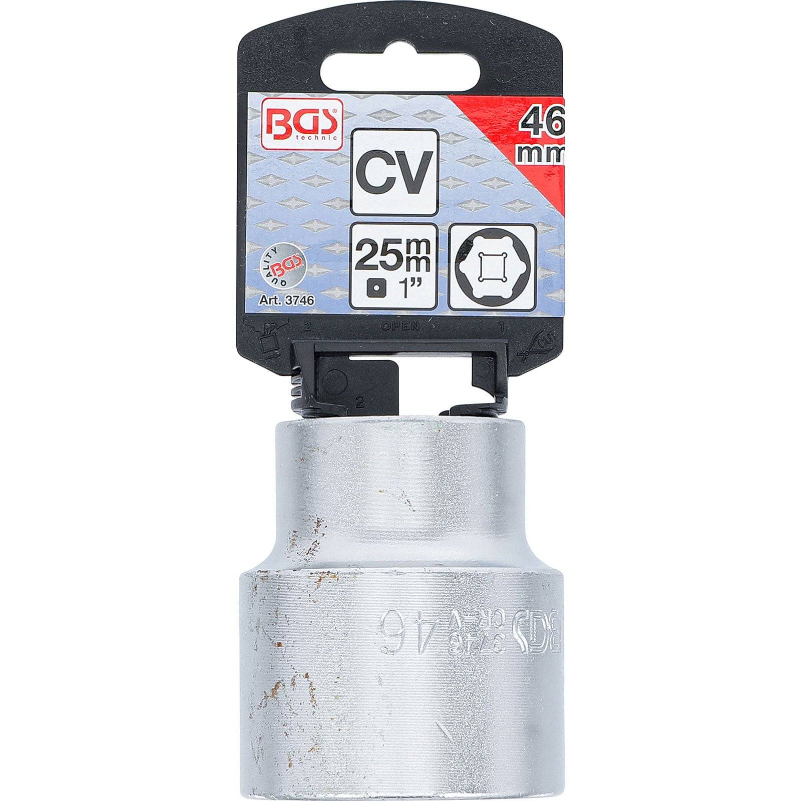 Eine 46-mm-Steckdose mit metallischer Oberfläche ist mit 'CV' und '25 mm 1