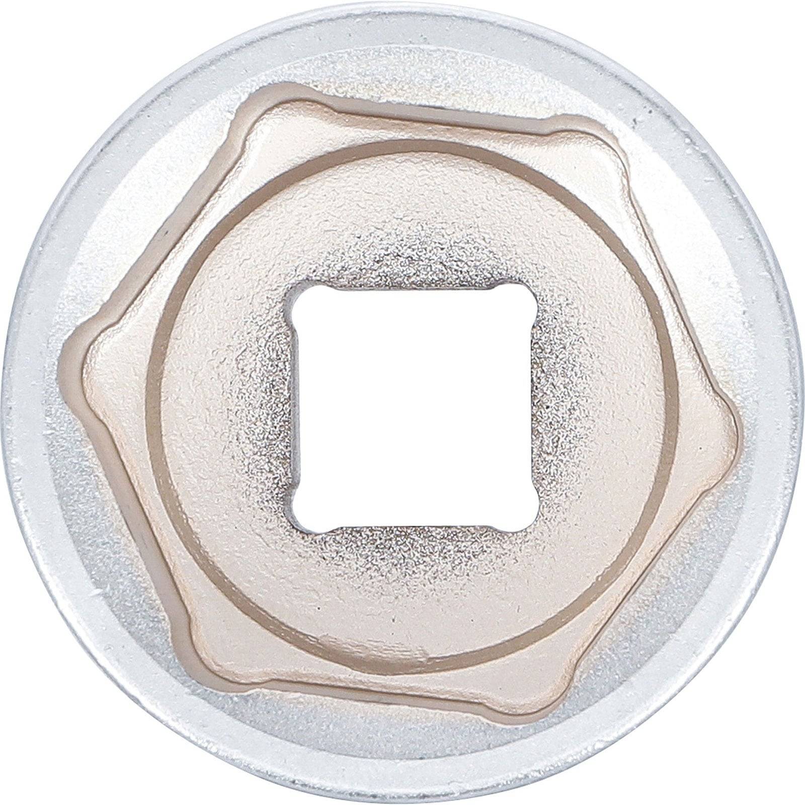 Rundes Metallobjekt mit einem quadratischen Loch in der Mitte, das ein zahnradartiges Design aufweist, wahrscheinlich eine Werkzeugkomponente oder Teil einer Maschine.