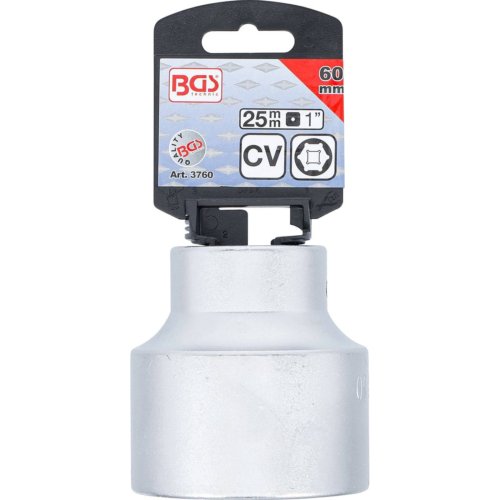 Ein Steckschlüssel aus Silber, entwickelt für Radmuttern von Fahrzeugen, mit einer Größe von 60mm, versehen mit einem schwarzen und roten Etikett, das den Markennamen 'BGS' und die Artikelnummer '3760' trägt.