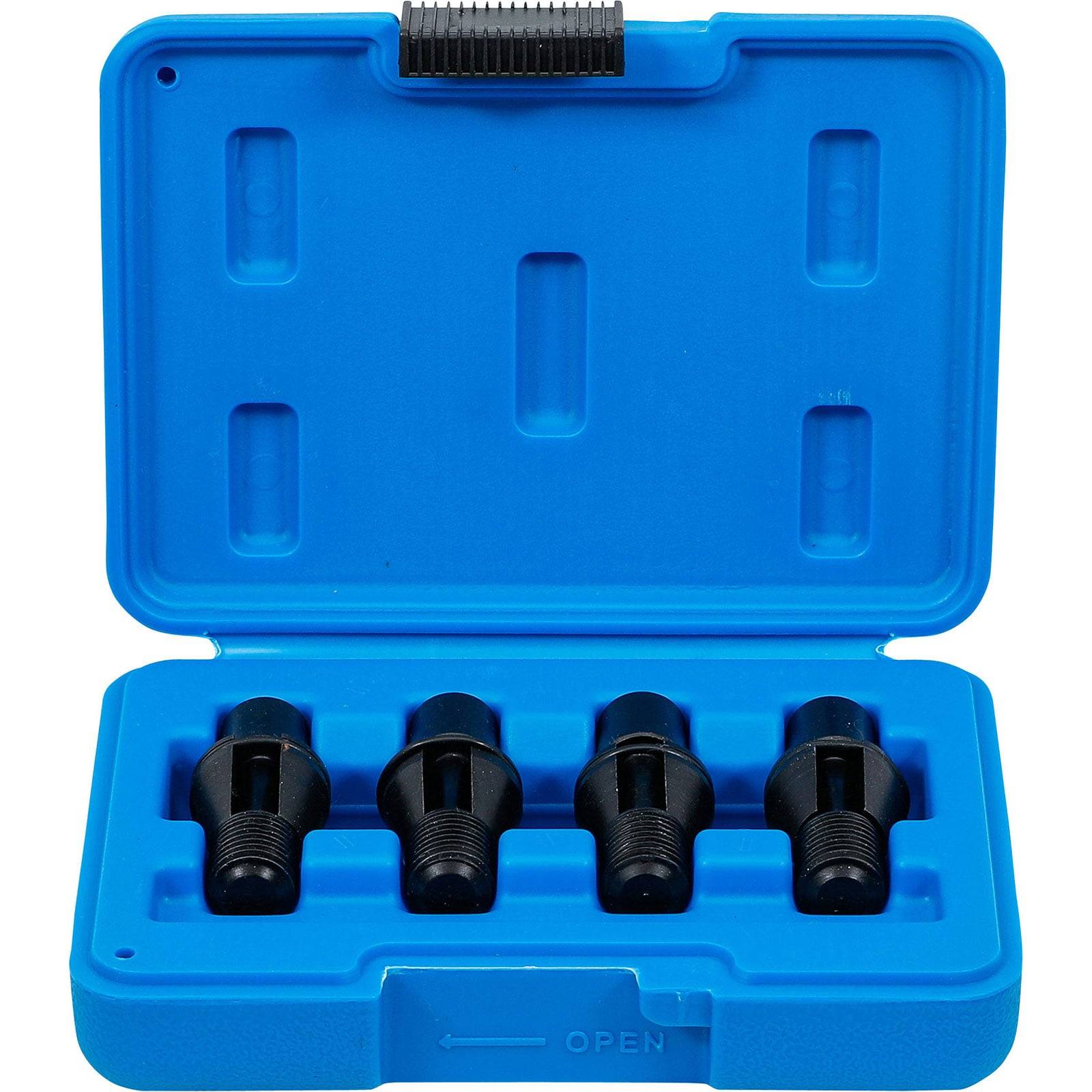 Eine blaue Tasche, die vier schwarze Steckeradapter enthält, die in einzelnen Fächern angeordnet sind. Der Deckel der Tasche ist geöffnet und zeigt den Inhalt deutlich.