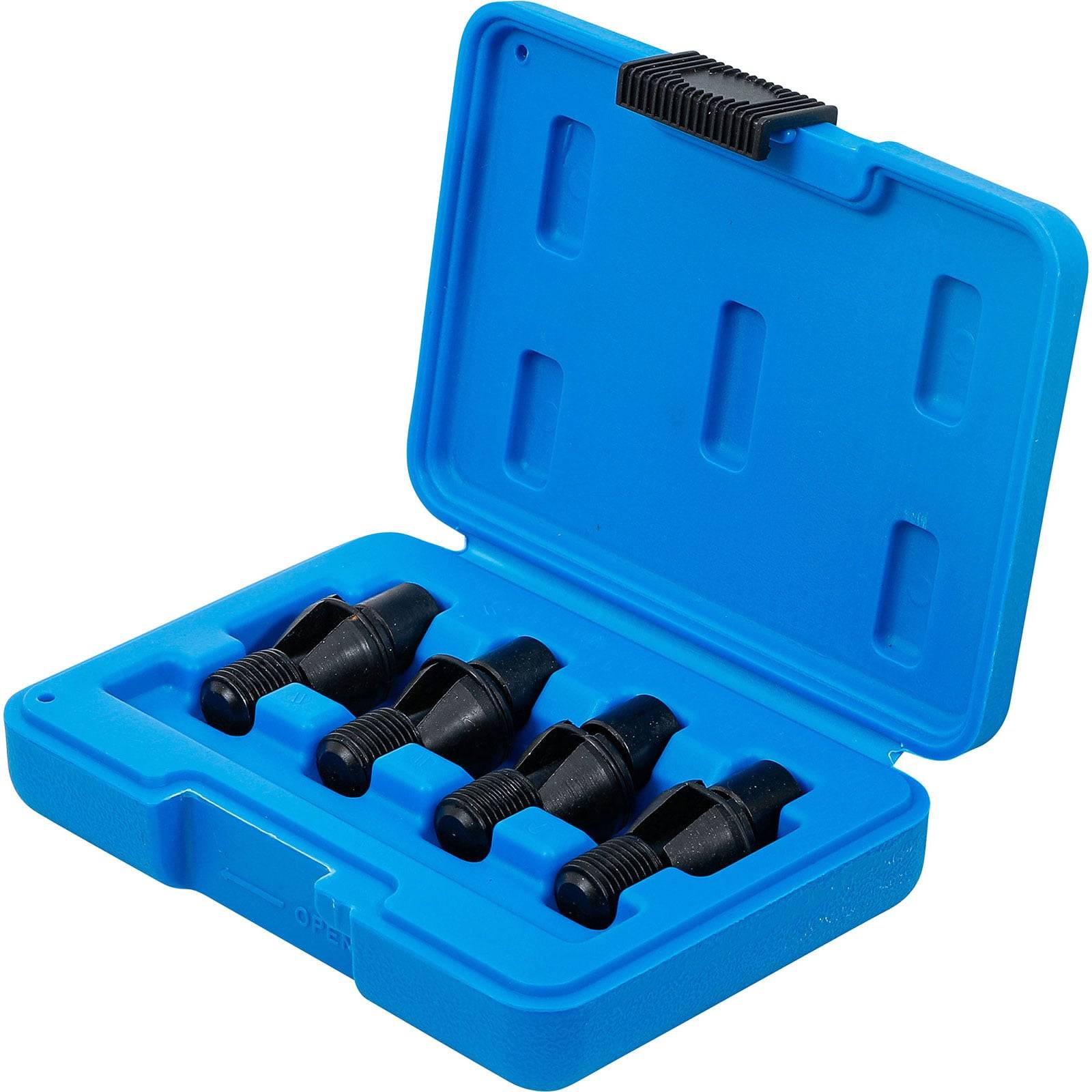 Ein blaues Etui, das einen Satz von fünf schwarzen Steckeradaptern enthält, die in einer Reihe angeordnet sind. Das Etui ist geöffnet und zeigt die Adapter, die sicher im Inneren platziert sind.