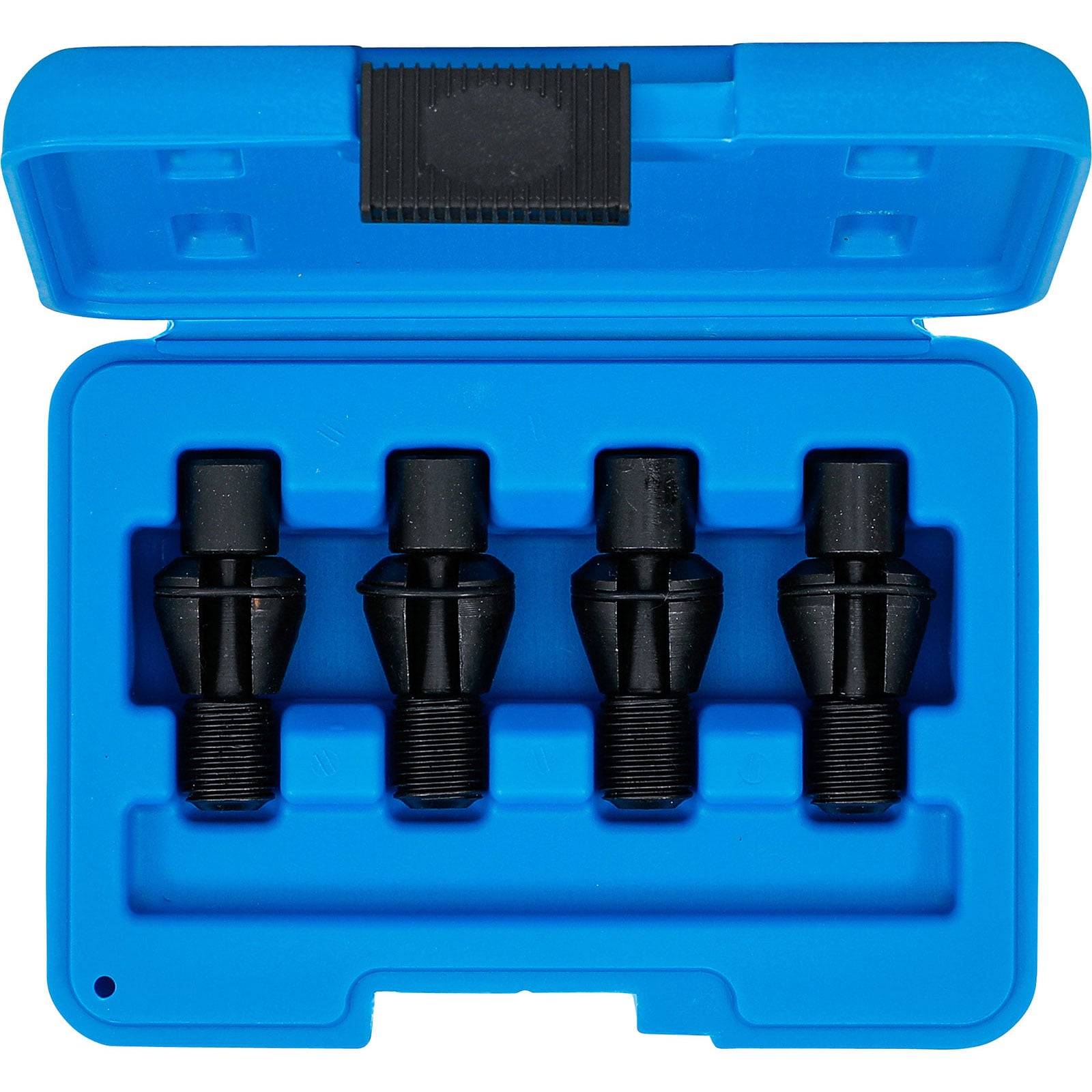 Eine blaue Kunststoffbox, die vier schwarze, metallene Bolzenausbrecher enthält, die in einer Reihe angeordnet sind und zum Entfernen beschädigter Bolzen oder Schrauben entwickelt wurden.