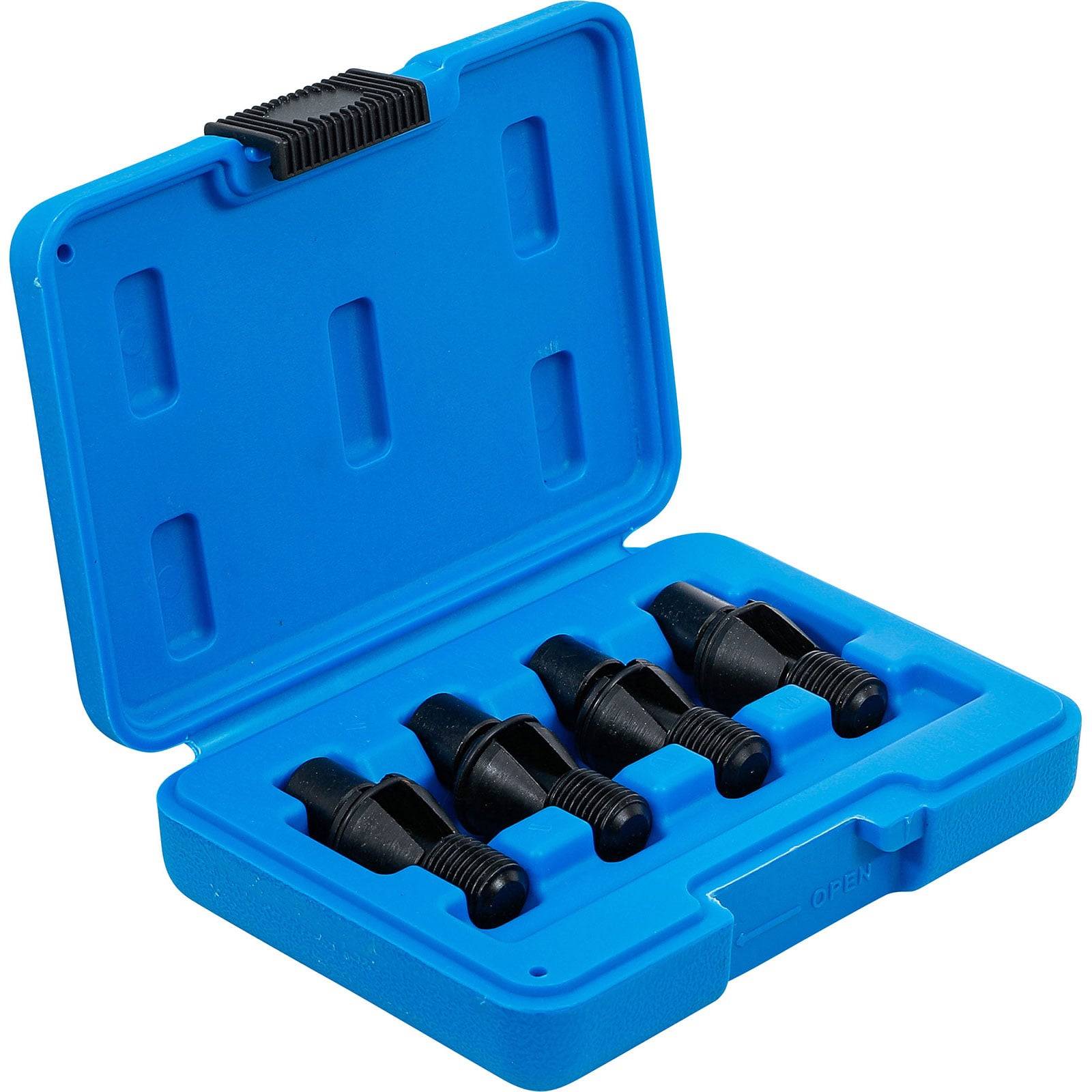 Blauer Kunststoffkoffer enthält fünf schwarze Schraubenausdreh-Werkzeuge, in einer Reihe angeordnet, die zum Entfernen von abgerundeten oder beschädigten Schrauben vorgesehen sind.