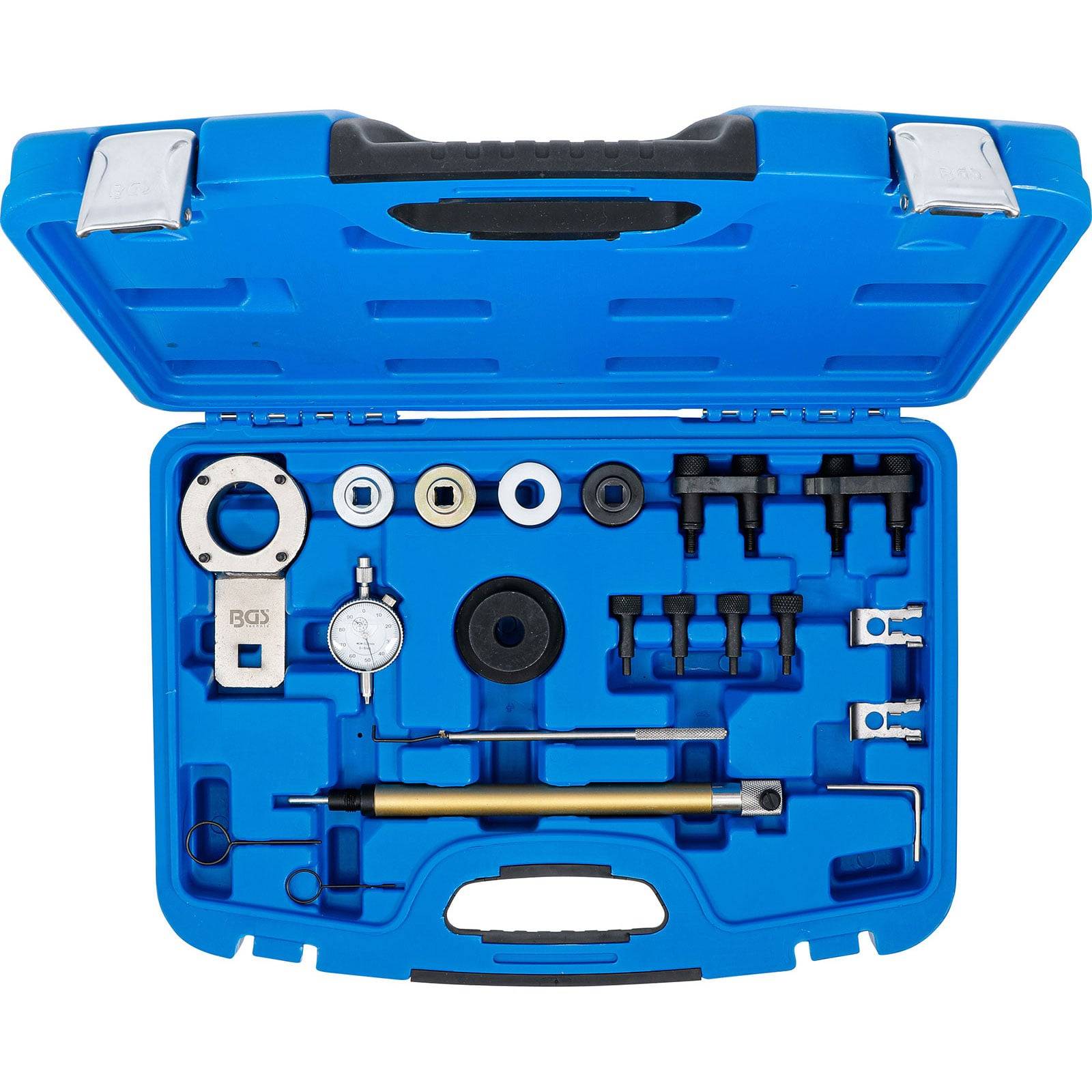 Blauer Kunststoffkoffer, der ein Präzisions-Zeitmesswerkzeug-Set für die Autoreparatur enthält, einschließlich verschiedener Metallwerkzeuge, Messgeräte und Zubehör.