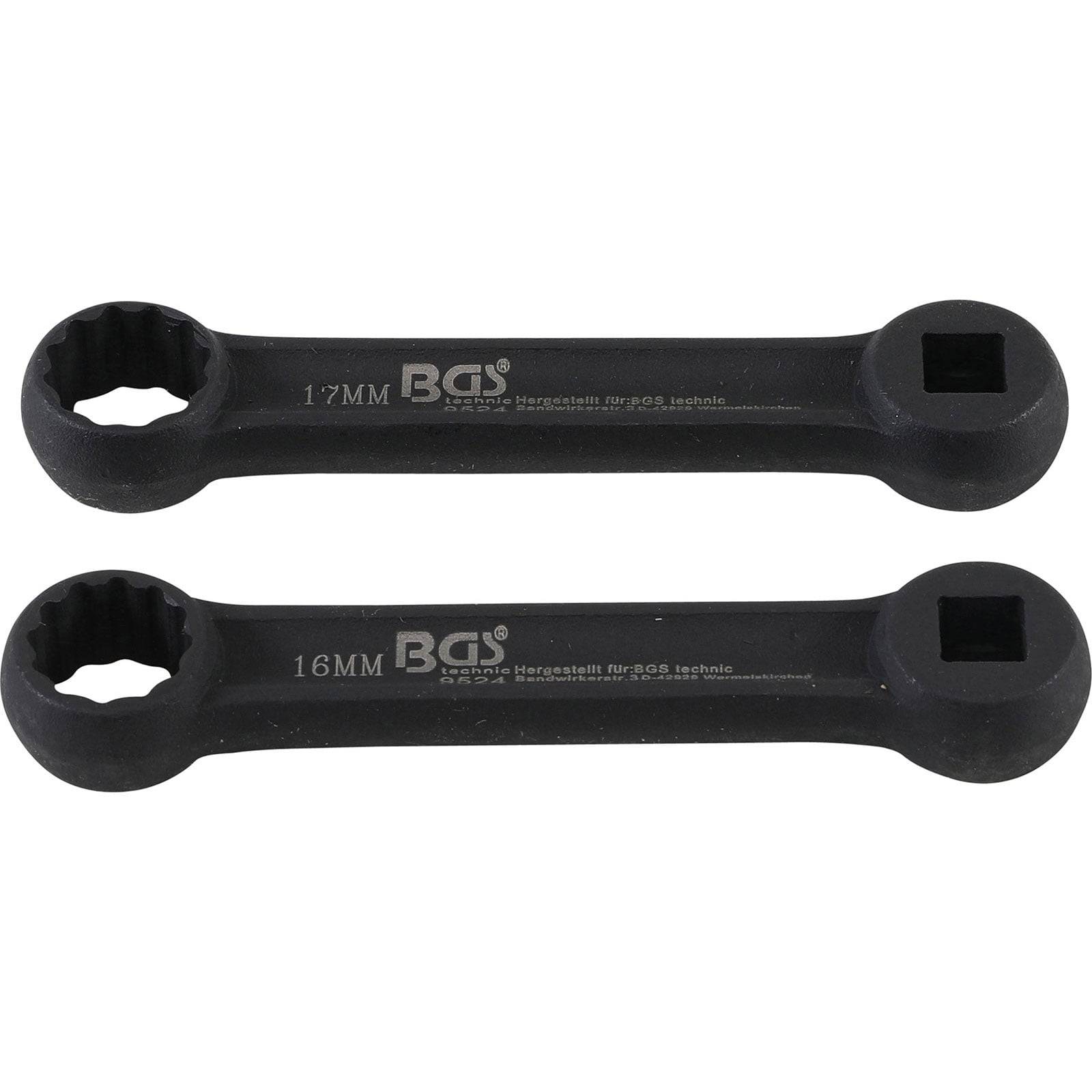 Zwei schwarze Schraubenschlüssel mit Ring- und Vierkantenden, beschriftet mit '17mm' und '16mm'.