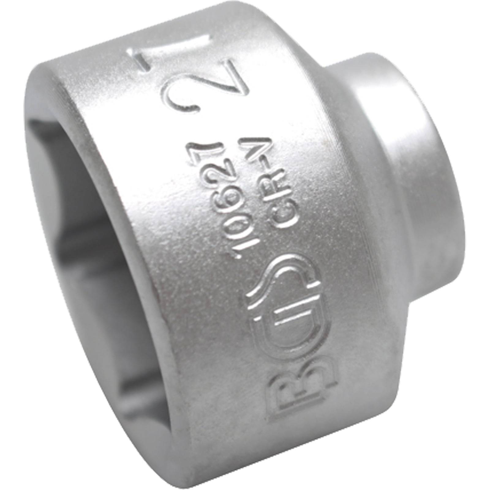 Ein metallischer Steckschlüssel-Kopf mit eingraviertem Text 'BEP 10627 21 CR-V'. Geeignet für mechanische Reparatur- oder Montagetätigkeiten.