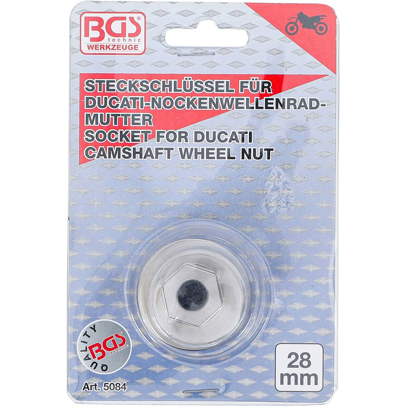 Paket mit einem 28 mm Steckschlüssel für 'Ducati Nockenwellenradmutter' von BGS Technic Werkzeuge, Artikelnummer 5084.