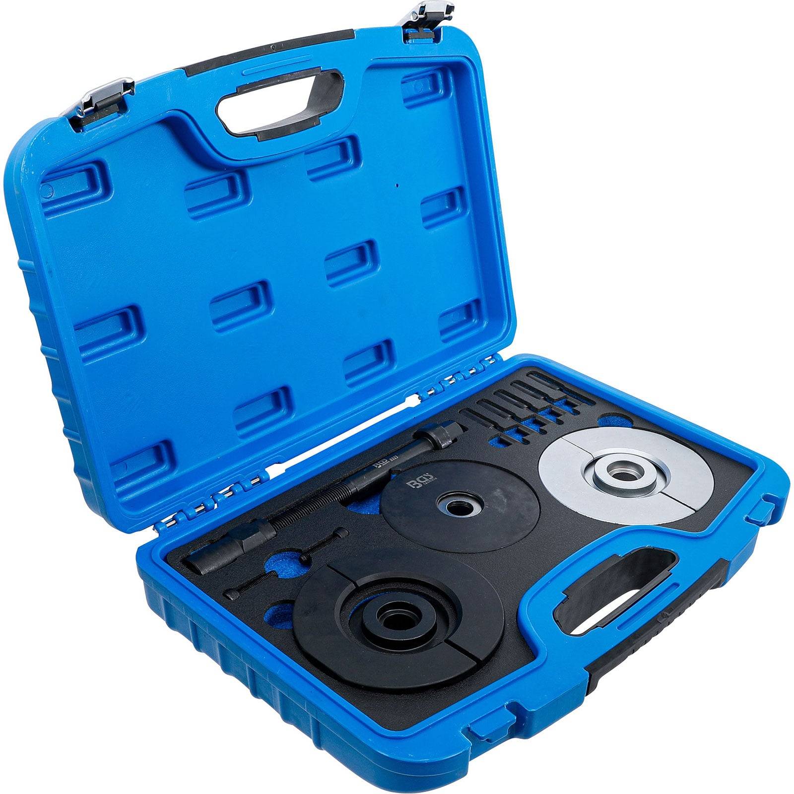 Eine blaue Plastikbox, die einen Schwungradabzieher-Satz mit verschiedenen Werkzeugen und Anbauteilen enthält, geeignet für Autoreparaturen.