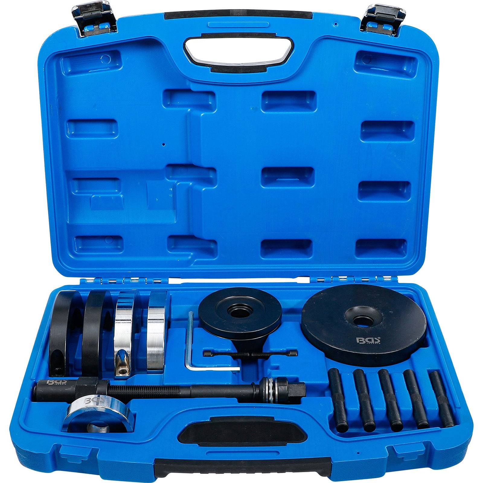 Eine blaue Plastikbox, die einen Werkzeugsatz mit verschiedenen Metallkomponenten enthält, darunter Stangen, Ringe und Scheiben, die ordentlich in Fächern sortiert sind.