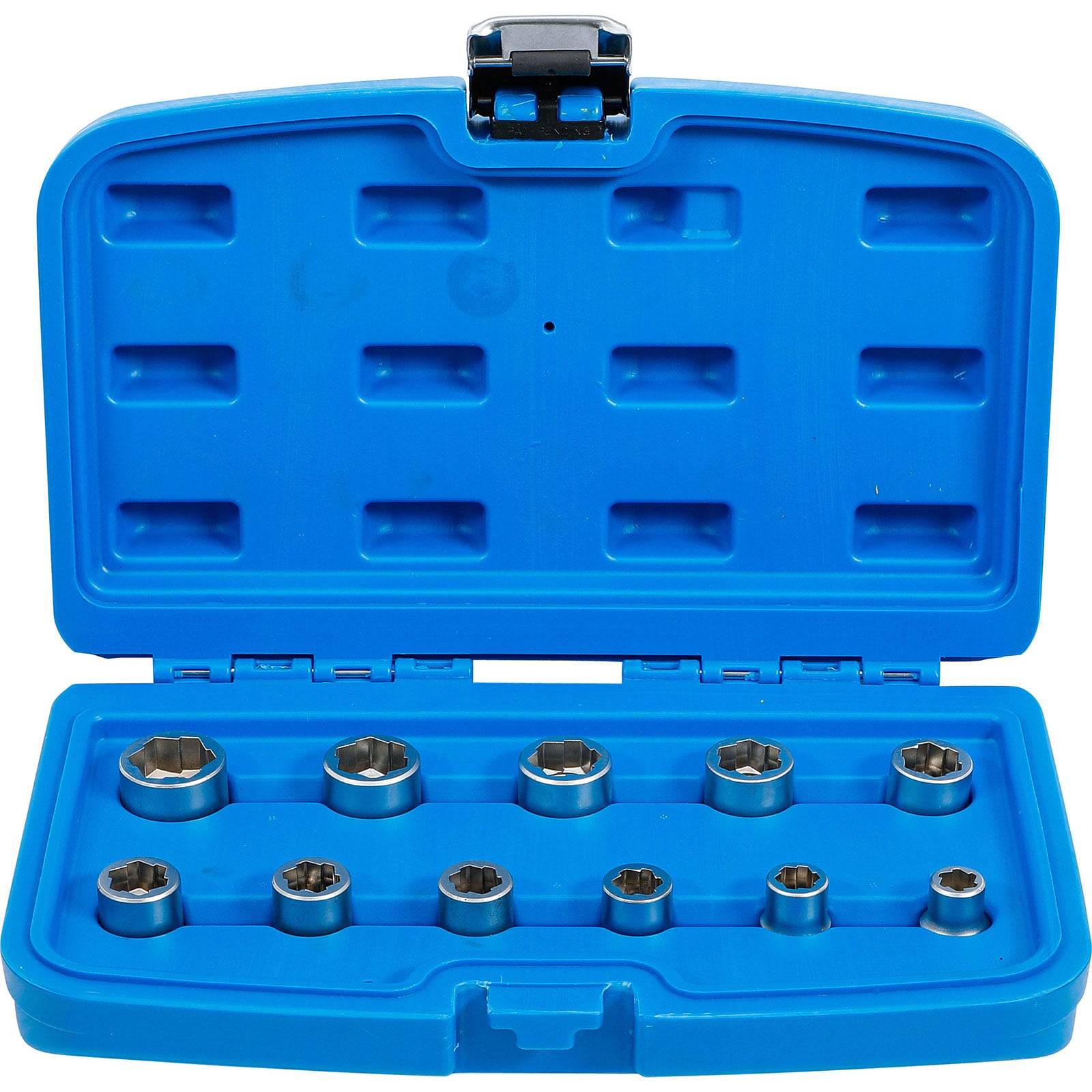 Eine blaue Kunststoffbox, die einen Satz von zehn Steckschlüsseln enthält, in Schlitzen für eine organisierte Aufbewahrung angeordnet. Die Box ist geöffnet und präsentiert die Werkzeuge.