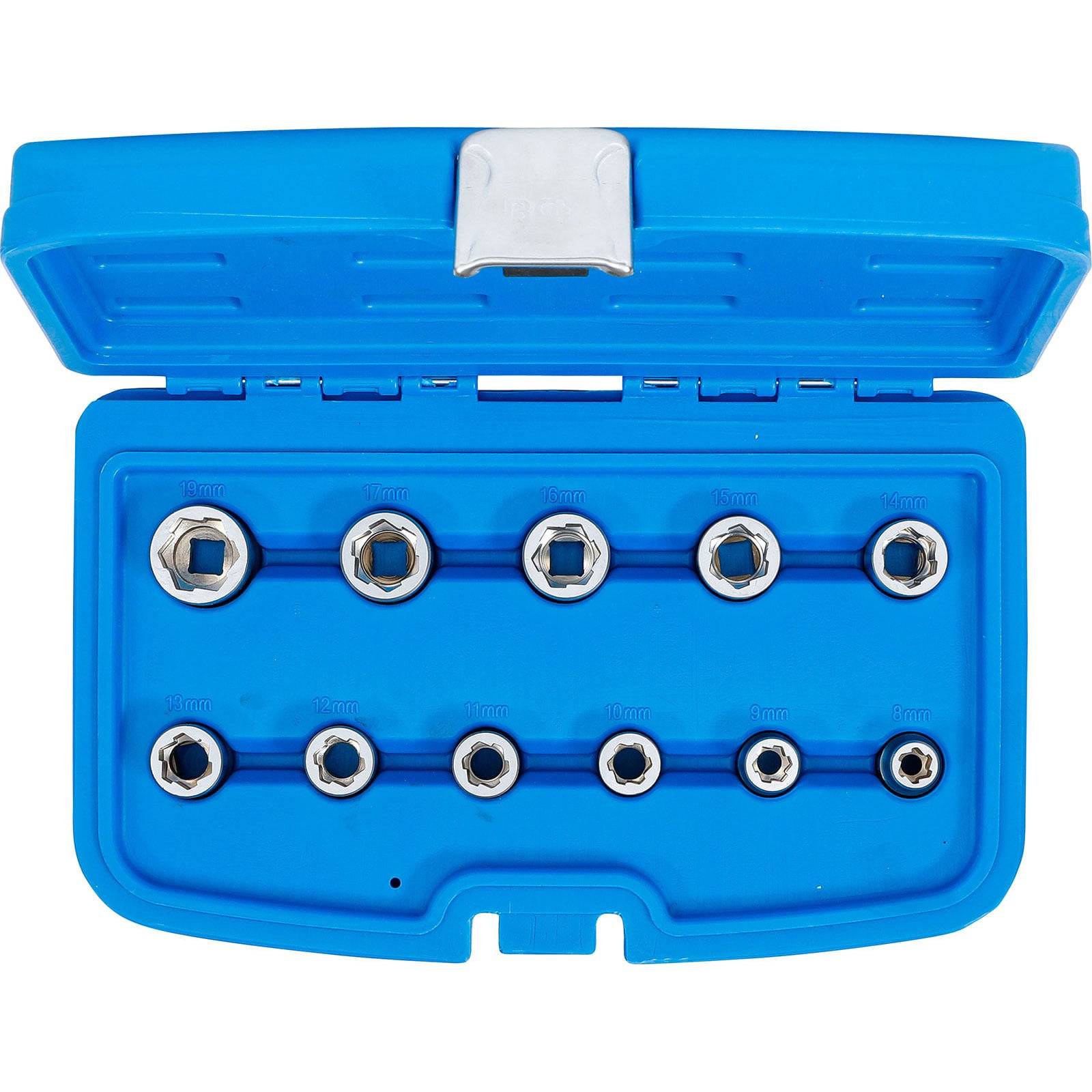 Eine blaue Plastikbox, die einen Satz von neun Sechskantschraubeneinsätzen enthält, die in zwei Reihen angeordnet sind, wobei jeder Einsatz mit seiner Größe beschriftet ist.