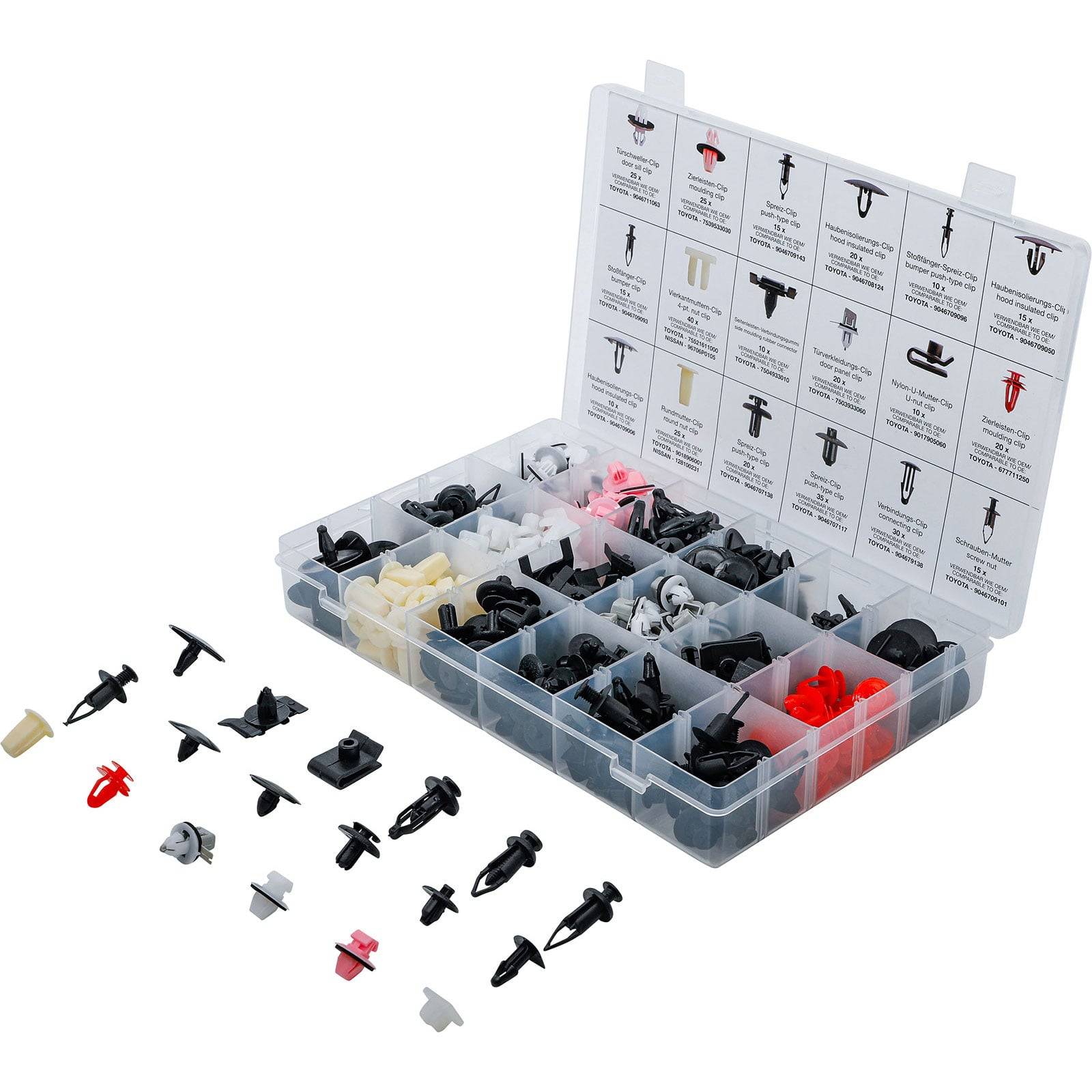 Eine organisierte Box, die verschiedene Karosserieklemmen enthält, mit einer Übersichtskarte auf dem Deckel, die unterschiedliche Typen und deren Anwendungen zeigt.