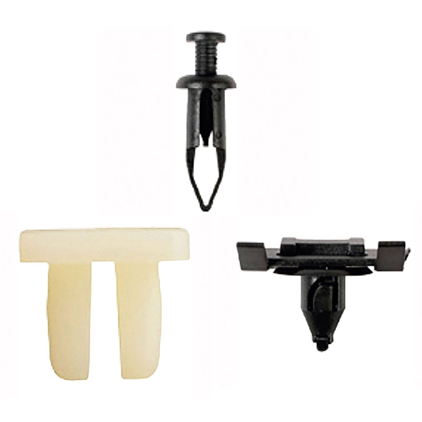 Drei Arten von Automotive-Befestigungselementen: ein schwarzer Druckniete, ein cremefarbener Clip und ein schwarzer Panelbefestigungselement für die Fahrzeugmontage.