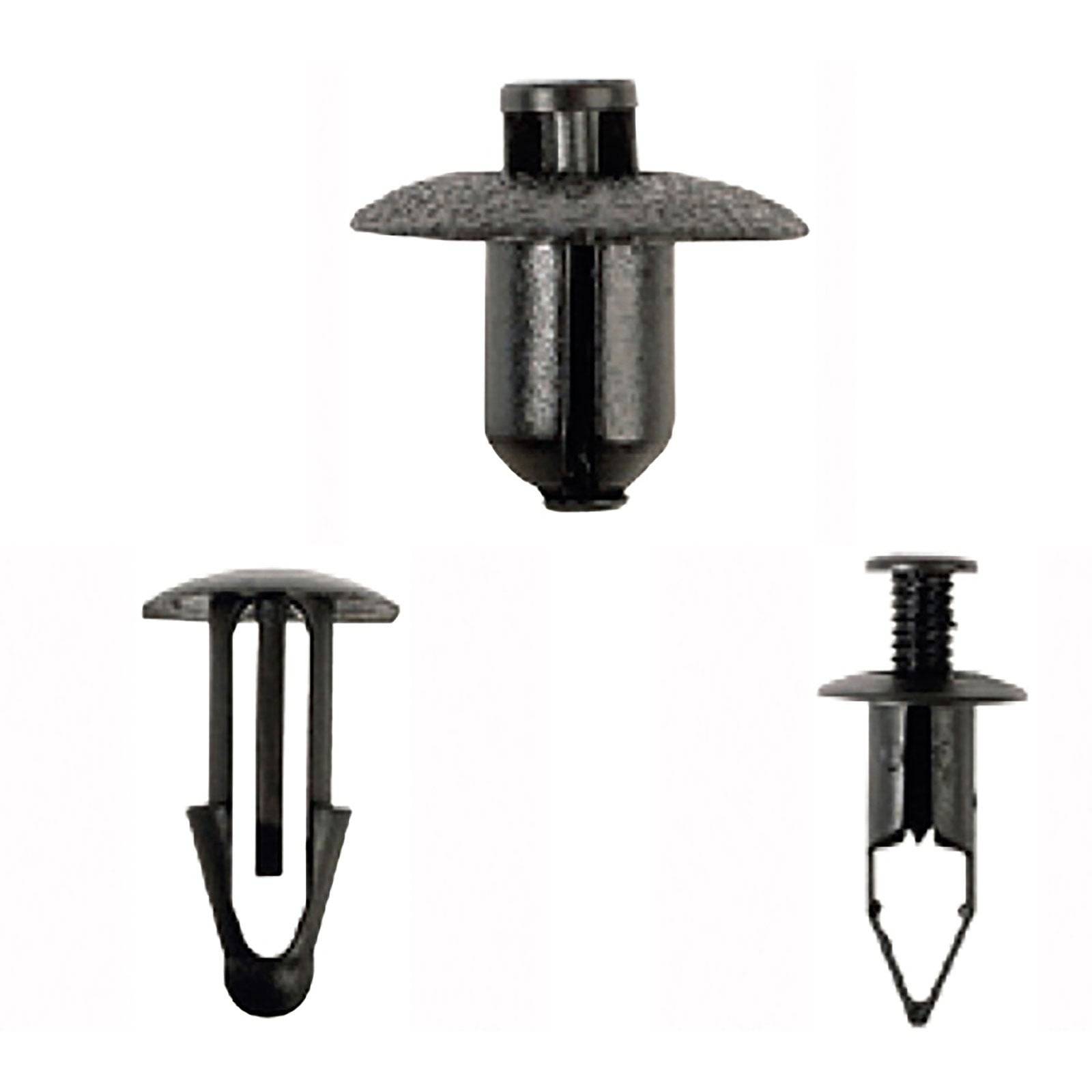 Verschiedene schwarze Kunststoff-Automotive-Befestigungselemente, einschließlich eines Druckbefestigungselements, eines Tannenbaumclips und eines Schraubenniets, die für Paneelbevestigungen verwendet werden.