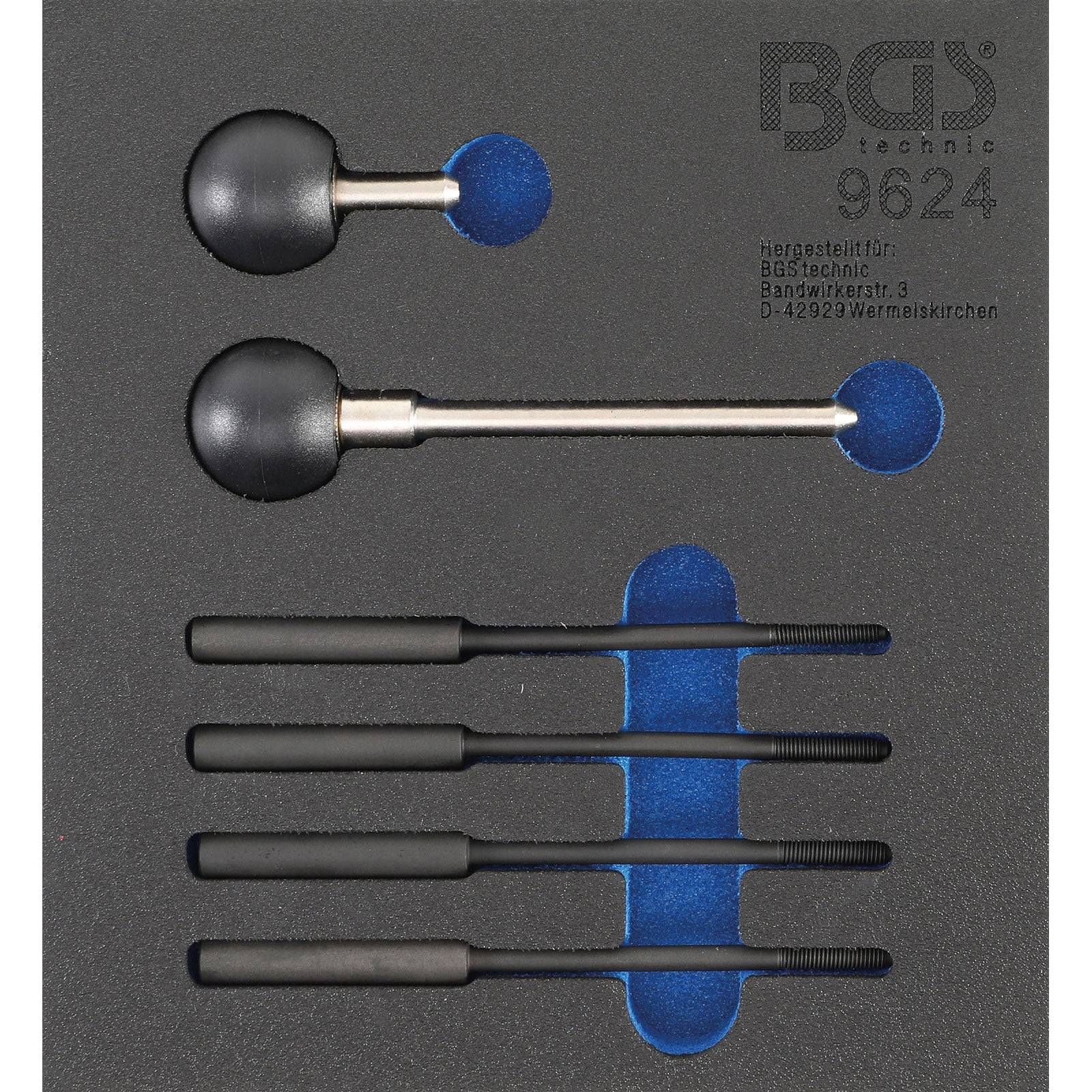 BGS 9624 Ölablassschraube Werkzeugsatz' enthält Werkzeuge mit gummierten Köpfen und Griffen, die für effizientes Lösen und Anziehen von Ölablassschrauben entwickelt wurden.