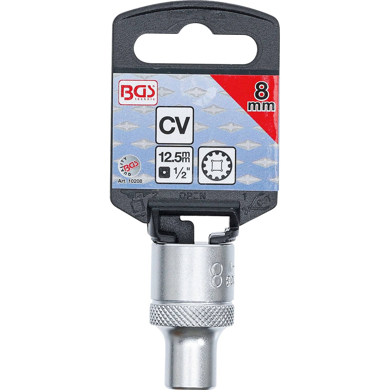 Steckschlüsselverlängerung mit der Aufschrift '8 mm CV', mit einem 12,5 mm Vierkantantrieb, von BGS. Zur Präsentation verpackt, mit Griffzone und Etikett.
