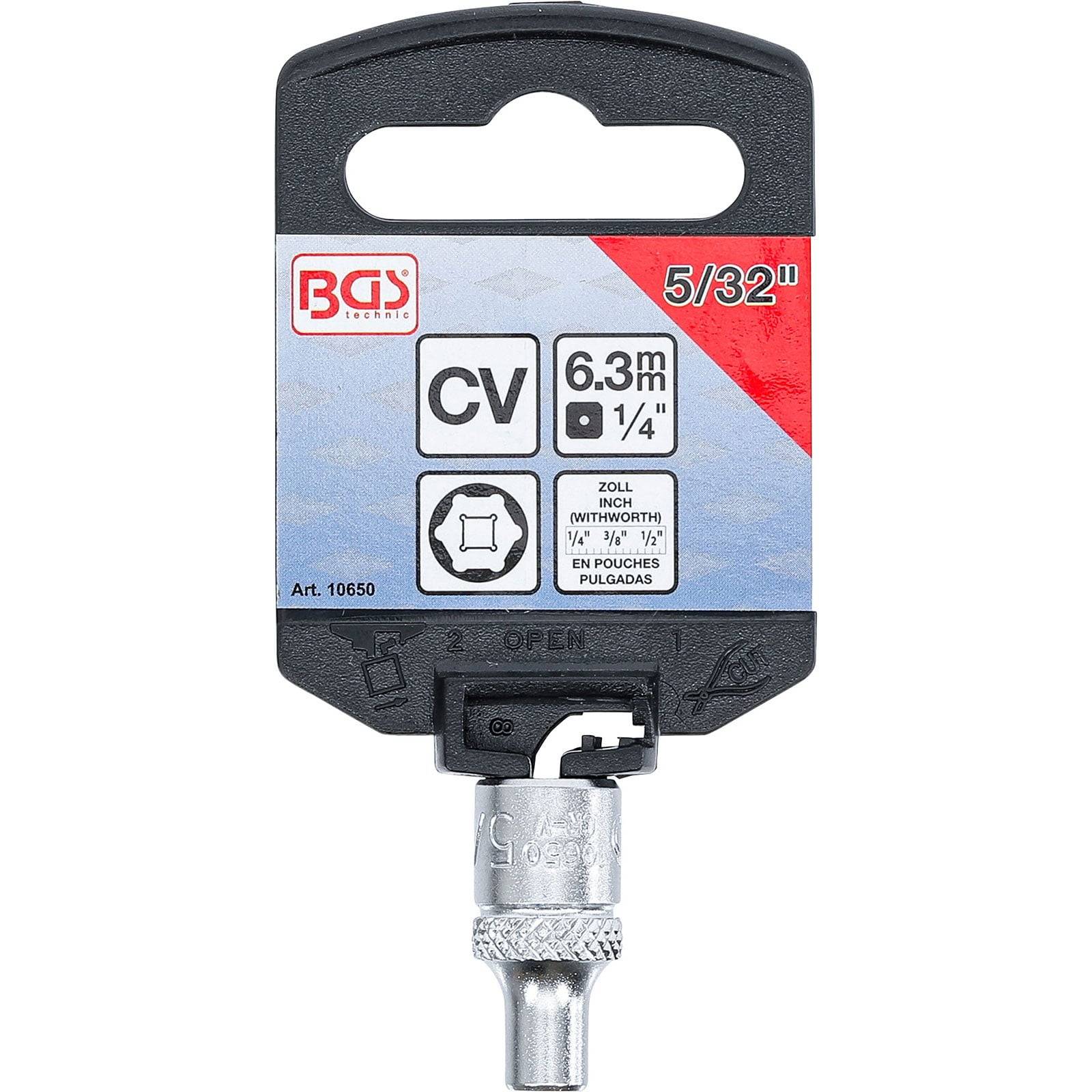 Schraubenziehereinsatz mit Beschriftung 5/32 Zoll, CV, 6,3 mm, 1/4 Zoll. Enthält Quadrat- und Sechskant-Symbole. BGS-Marke, Produktcode 10650.