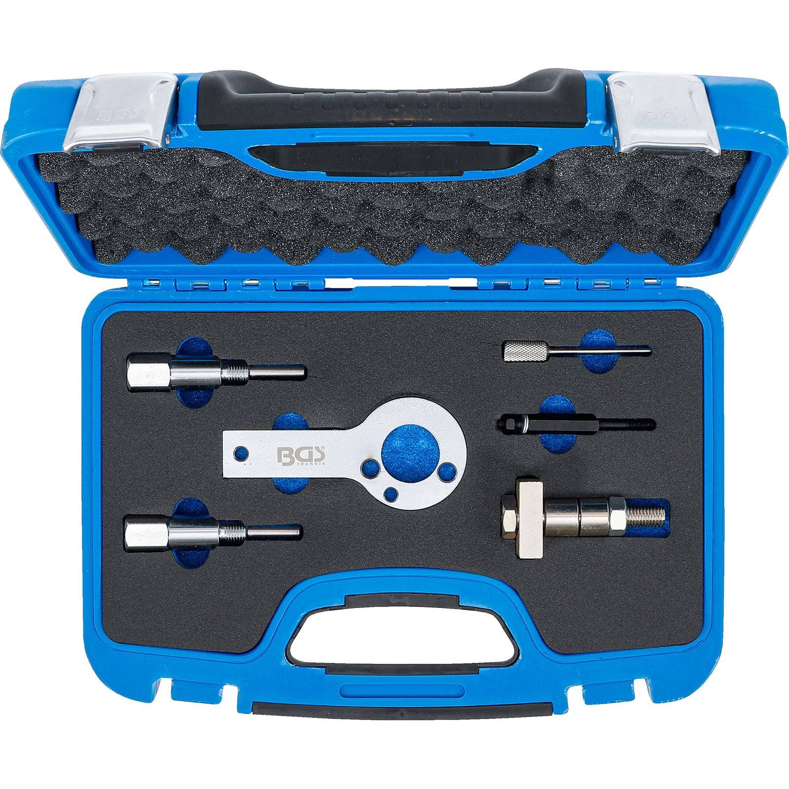 Blaugrauer Kunststoffkasten mit verschiedenen Metallwerkzeugen für Kraftfahrzeuge und Schaumstoffauskleidung. Die Werkzeuge umfassen Messinstrumente und Verbinder für die Autowartung.