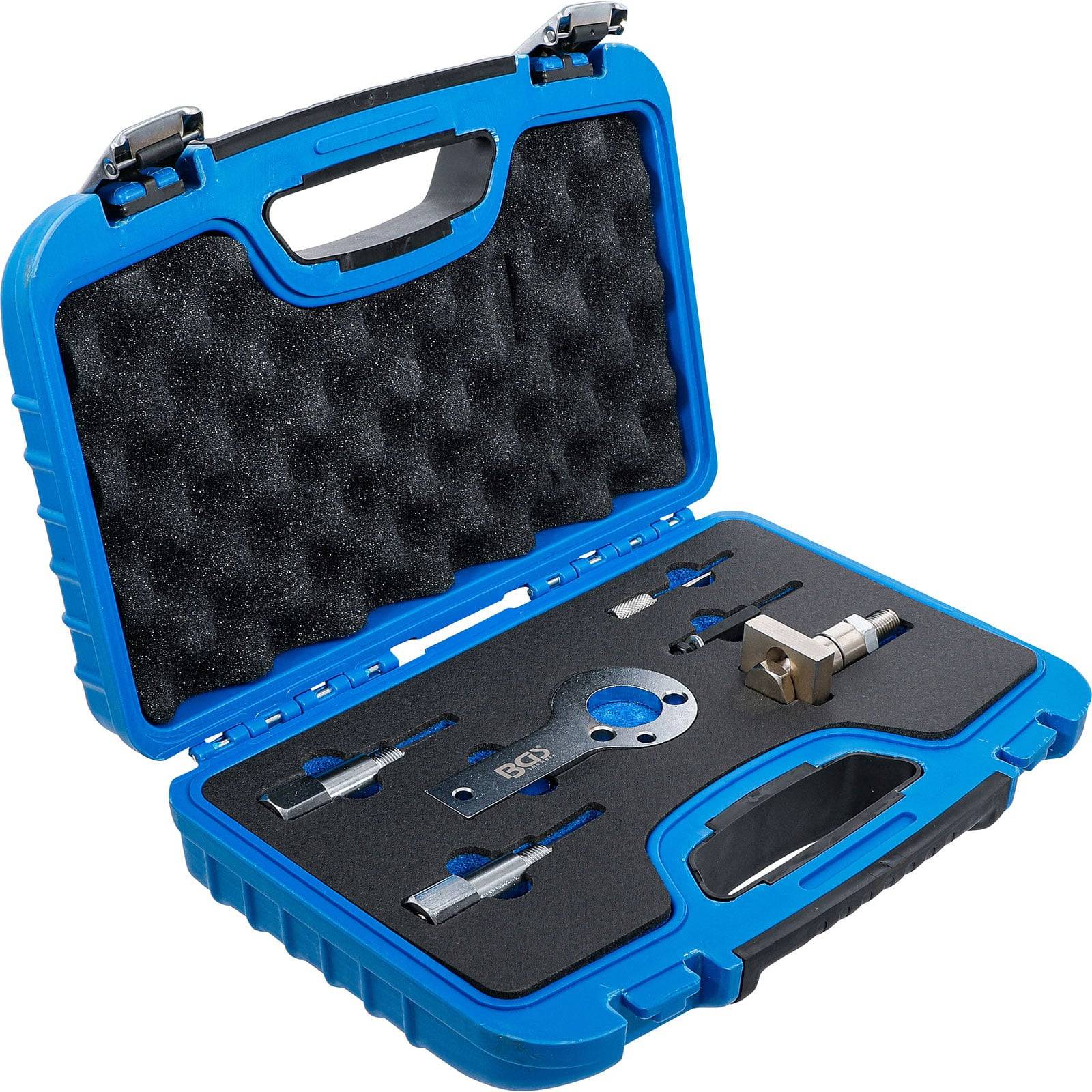 Ein blauer Kunststoffkoffer mit Präzisionswerkzeugen und Schaumstoffeinlage. Die Werkzeuge umfassen eine Montageklammer und verschiedene Hardwarekomponenten.