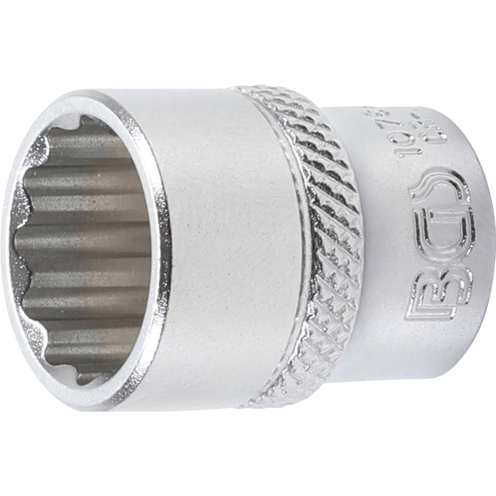 Ein Metalleinsatz für Schraubenschlüssel mit strukturierter Griffoberfläche und einer gerillten Öffnung zum Greifen von Befestigungselementen.