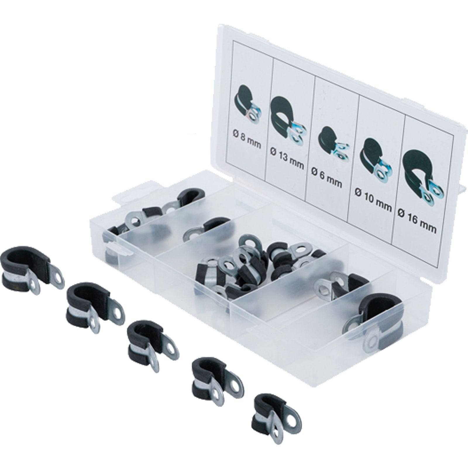 Ein Satz Gummierte Kabelklemmen in verschiedenen Größen (8 mm bis 16 mm) in einer Kunststoff-Sortimentsbox mit Größenetiketten auf dem Deckel.