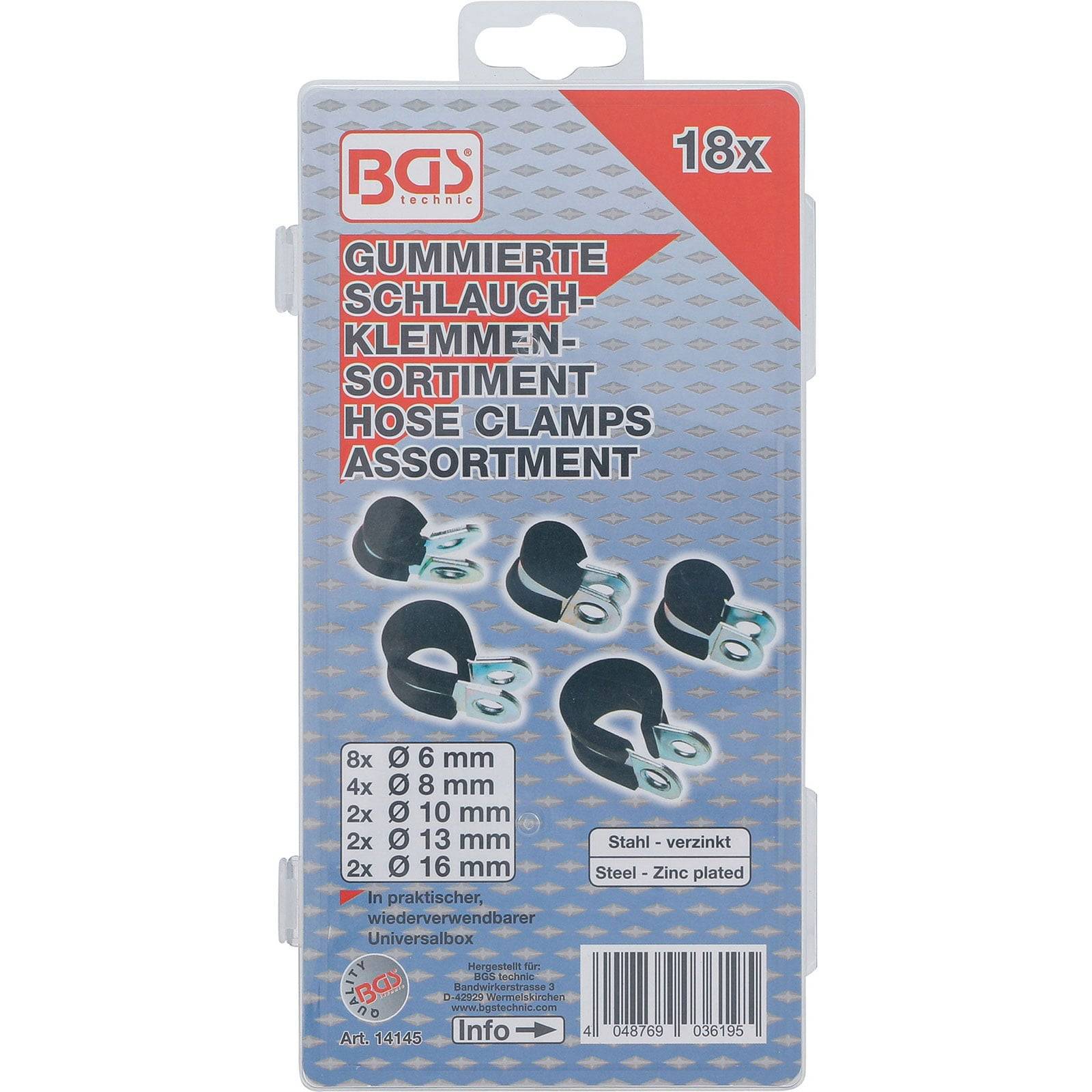 Schlauchschellen-Sortiment' Verpackung zeigt '18x' Variationen; umfasst Größen 6mm, 8mm, 10mm, 12mm, 16mm, verzinkt.