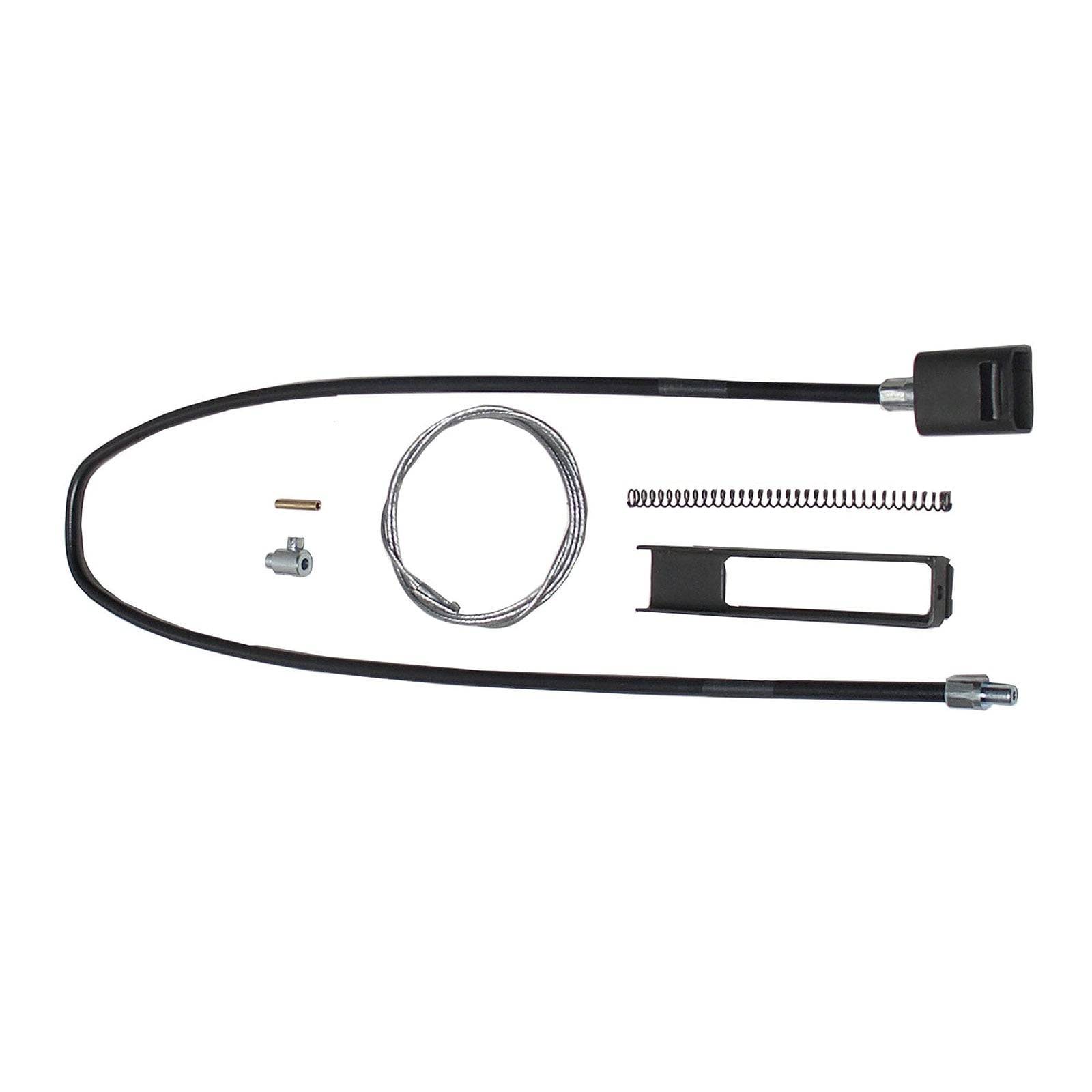 Kabelreparaturset mit einem schwarzen Kabel, Anschlüssen, Feder und Metallkomponenten, hauptsächlich verwendet zum Reparieren oder Ersetzen von mechanischen Kabeln.