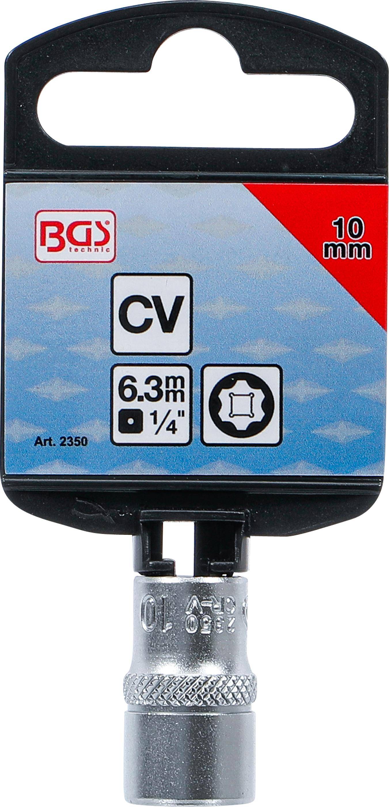 Ein 10-mm-BGS-Steckschlüssel mit einem 6,3-mm-(1/4-Zoll-)Antrieb, beschriftet mit CV, Produktnummer 2350, vor einem gemusterten Hintergrund.